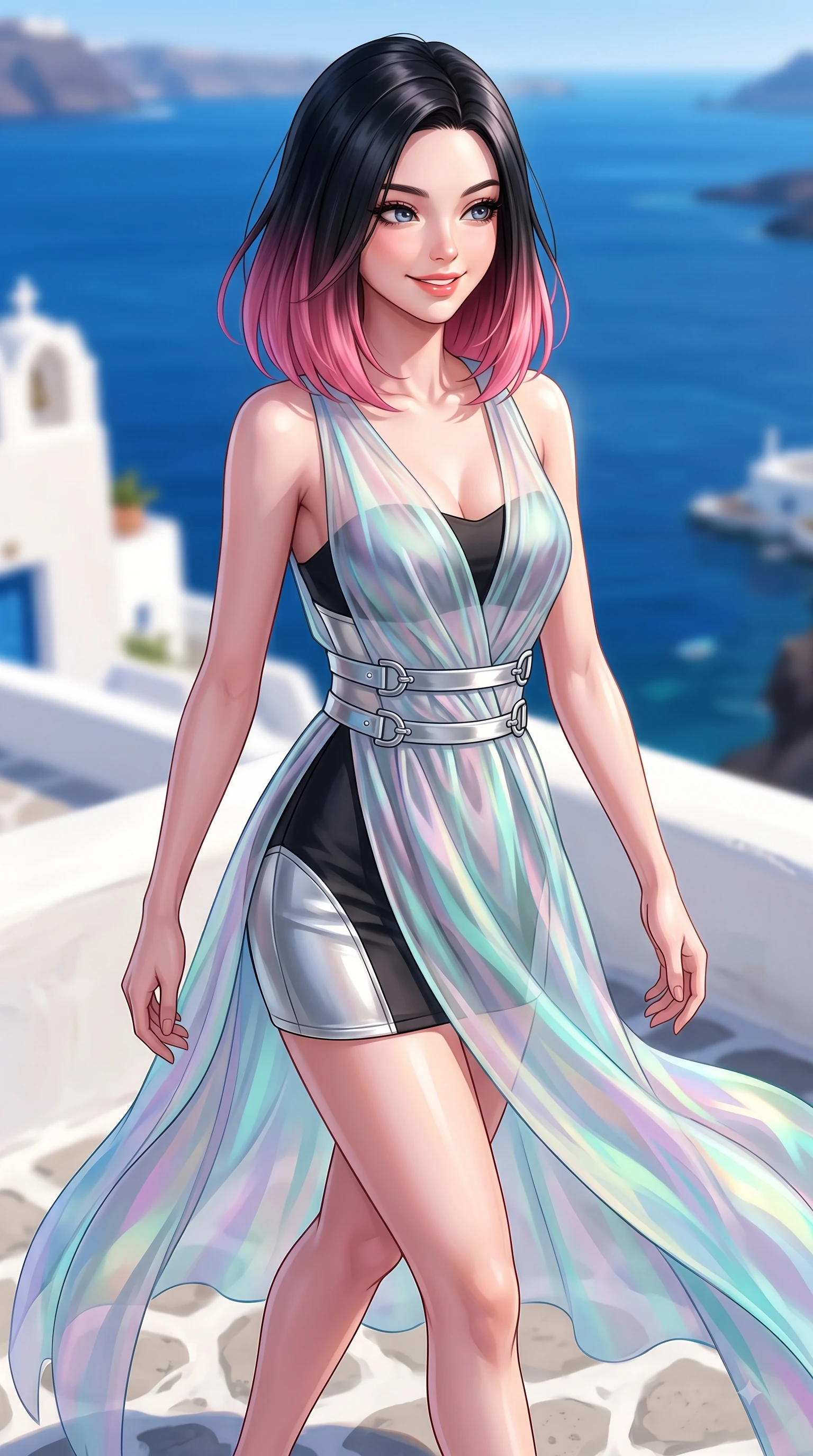 score_9, masterpiece, best quality, ultra-detailed, high-budget anime keyframe, editorial fashion photography, tasteful artistic composition, Korean woman. close-up cowboy shot from the waist and thighs up, the character dominates the composition, filling the frame with her large presence, background elements kept in soft focus. Warm delightful smile while casting a playful, joyful side-gaze with heavy lashes and a glowing expression while stepping cheerfully along a whitewashed stone terrace overlooking the deep blue Aegean sea, fresh sea breezes swaying her lightweight resort gown into fluid, uplifting motions. She has an exceptionally elegant, slender, and willowy female figure with an ultra-slim waist, a gracefully sculpted slender torso, and a refined silhouette. sharp v-shaped jawline, high-bridge nose, intricate jewel-like eyes with depth, thick eyelashes, glossy lips with a natural sheen, flawlessly proportioned anatomical accuracy, natural body alignment, perfectly sculpted elegant limbs, clean dynamic posture without body distortion. wearing a semi-opaque sheer overlay dress over a leather micro-bodysuit in matte black and polished silver, crafted from iridescent chiffon that shifts colors in the light, detailed with polished silver buckles along the waistline, the form-contouring material highlighting her ultra-slim waist and long lines. bathed in bright white Mediterranean sunbeams and deep blue sky refractions. highly saturated vibrant anime colors, detailed shading with soft gradients, rich glossy textures, high-contrast stereoscopic depth, volumetric dynamic lighting, master piece, 9:16 ratio