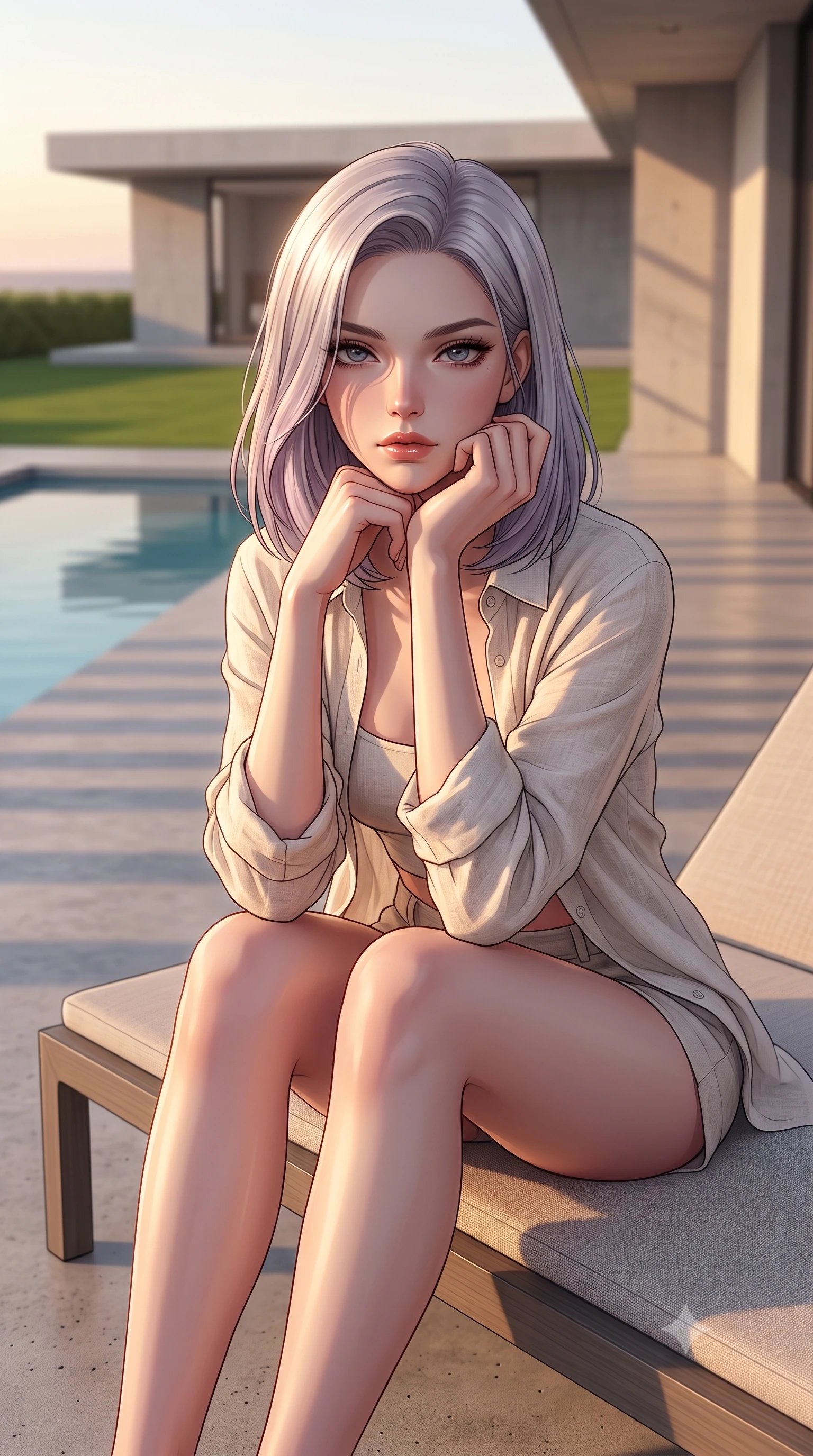 score_9, masterpiece, best quality, ultra-detailed, high-budget anime keyframe, editorial fashion photography, tasteful artistic composition, Caucasian woman woman. close-up cowboy shot from the waist and thighs up, the character dominates the composition, filling the frame with her large presence, background elements kept in soft focus. resting her chin on the backs of her fingers, casting a heavy-lidded, sultry look past the camera the background shows a soft-focus a concrete deck of a minimalist luxury villa, with a private pool and green lawn. She has an exceptionally elegant, slender, and willowy female figure with an ultra-slim waist, a gracefully sculpted slender torso, and a refined silhouette. sharp v-shaped jawline, high-bridge nose, intricate jewel-like eyes with depth, thick eyelashes, glossy lips with a natural sheen. wearing a tailored lightweight open-front linen shirt over a crop top and micro-shorts. warm sunset light casting long clean shadow lines from the villa's architecture. 2k, ultra detail, master piece, 9:16 ratio