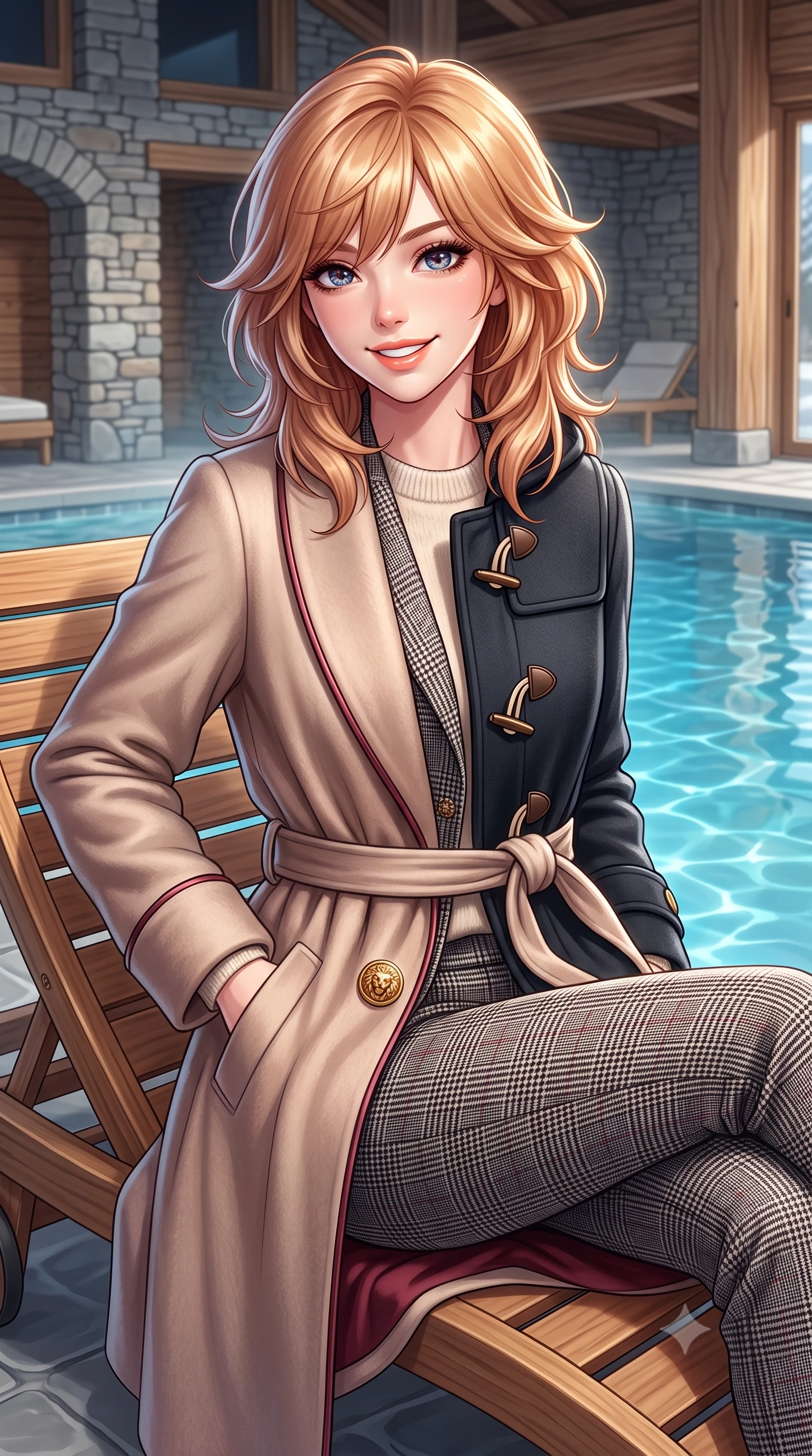 score_9, masterpiece, best quality, ultra-detailed, high-budget anime keyframe, semi-realistic 3D game render, editorial fashion photography, tasteful artistic composition, Korean woman. close-up cowboy shot from the waist and thighs up, the character dominates the composition, filling the frame with her large presence. standing poised with one hand slipped into her tailored trouser pocket, head tilted in a friendly, engaging expression while sitting gracefully on an ergonomic teak chaise lounge beside the thermal relaxation pool, wrapped in a plush cashmere robe coat with quiet luxury. The surrounding environment is rendered in vivid detail and crisp panoramic clarity: detailed belted cashmere robe coat tailoring, silk piping borders, and master Swiss spa architecture in razor-sharp precision. She has an exceptionally elegant, slender, and willowy female figure with an ultra-slim waist, flat toned midriff, narrow ribcage, and sculpted feminine hips creating an alluring, slim hourglass silhouette without bulk. sharp v-shaped jawline, high-bridge nose, intricate jewel-like sparkling eyes with depth, thick eyelashes, glossy parted lips with a natural peach sheen, bright cheerful beaming smile with an enchanting and coquettish sensual glint, exuding both youthful cute charm and seductive allure, flawlessly proportioned anatomical accuracy, strict slender model proportions, natural body alignment, perfectly sculpted long slender limbs, ultra-slim waistline, clean dynamic posture without body distortion. wearing a structured boiled-wool duffle coat with horn toggles over a soft alpaca sweater and tailored wool slacks in classic glen plaid monochrome with subtle wine red accent, crafted from ultra-soft Mongolian cashmere with exquisite insulating warmth and tactile softness, accented with an ornate 24k gold lion-embossed crest button along the front closure, the streamlined silhouette following her natural slender proportions with sophisticated poise, enhancing her tall willowy presence. illuminated by thermal pool surface caustics and soft pearlescent rim lights accentuating her sharp jawline and slender hourglass silhouette. highly saturated vibrant anime colors, detailed shading with soft gradients, rich glossy textures, high-contrast stereoscopic depth, volumetric dynamic lighting, master piece, 9:16 ratio