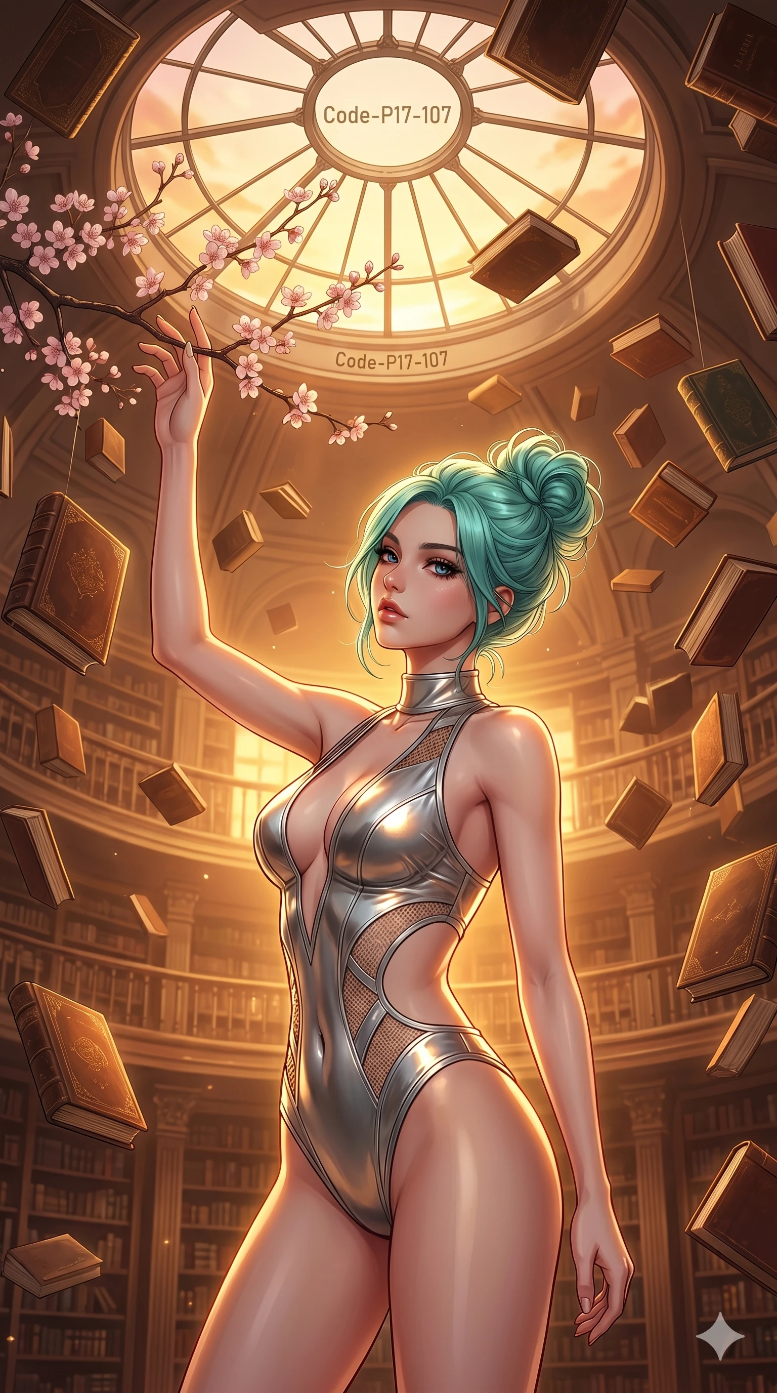 score_9, masterpiece, best quality, ultra-detailed, high-budget anime keyframe, editorial fashion photography, tasteful artistic composition, Japanese woman. cowboy shot from the thighs up, character and outfit filling the frame for maximum editorial presence. reaching up to touch a cherry blossom, looking over her shoulder with a sultry gaze in a grand library with floating books and a round skylight (Code-P17-107). She has an absolutely perfect 8-heads proportion, an exceptionally tall and slender female figure with impossibly long slender legs and an ultra-slim waist. V-shaped jawline, high-bridge nose, intricate jewel-like eyes with depth, thick eyelashes, glossy lips with a natural sheen. wearing a metallic bodysuit with a plunging neckline and exposed waist. warm sunset light pouring through the windows, casting a warm glowing aura on her. 2k, ultra detail, master piece, 9:16 ratio