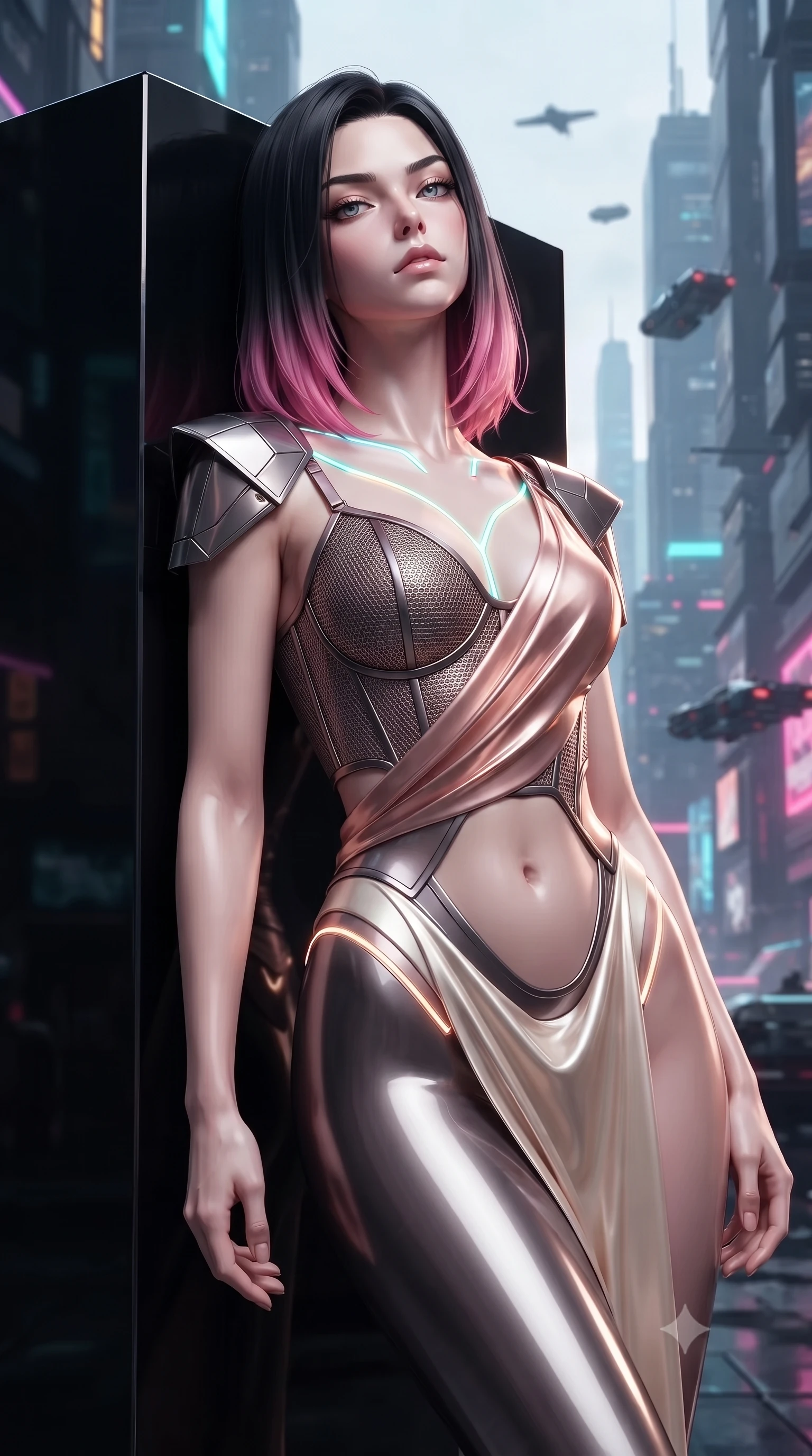 score_9, masterpiece, best quality, ultra-detailed, high-budget anime keyframe, editorial fashion photography, tasteful artistic composition, Korean woman. close-up cowboy shot from the waist and thighs up, the character dominates the composition, filling the frame with her large presence. tilting her head back with serene regal elegance, her sharp jawline and sculpted collarbones highlighted by glowing neon halo reflections while leaning against a monolithic mirror-polished obsidian block with a haughty, captivating gaze into the lens. The surrounding environment is rendered in vivid detail and crisp panoramic clarity. high-contrast minimalist chiaroscuro and cutting-edge cybernetic precision rendered with sharpness. She has an exceptionally elegant, slender, and willowy female figure with an ultra-slim waist, a gracefully sculpted slender torso, toned flat midriff, and a refined slim silhouette. sharp v-shaped jawline, high-bridge nose, intricate jewel-like eyes with depth, thick eyelashes, glossy lips with a natural sheen, flawlessly proportioned anatomical accuracy, strict slender model proportions, natural body alignment, perfectly sculpted long slender limbs, ultra-slim waistline, clean dynamic posture without body distortion. wearing a structured titanium-mesh bustier with geometric shoulder pauldrons and an ultra-slender liquid jersey drape in sculpted rose gold and luminescent champagne ivory, tailored from semi-translucent cybernetic vinyl with glowing micro-filaments, accented with glowing fiber-optic seams tracing her collarbones and hip curves, the precision-cut daring openings accentuating her delicate midriff, graceful bare collarbones, and ultra-slim feminine waistline. surrounded by an ultra-chic, commanding, and fiercely magnetic cyber-sovereign atmosphere. ultra-reflective glossy finish, specular highlights, dark metallic sheen, high-contrast stereoscopic depth, volumetric dynamic lighting, 2k, ultra detail, master piece, 9:16 ratio