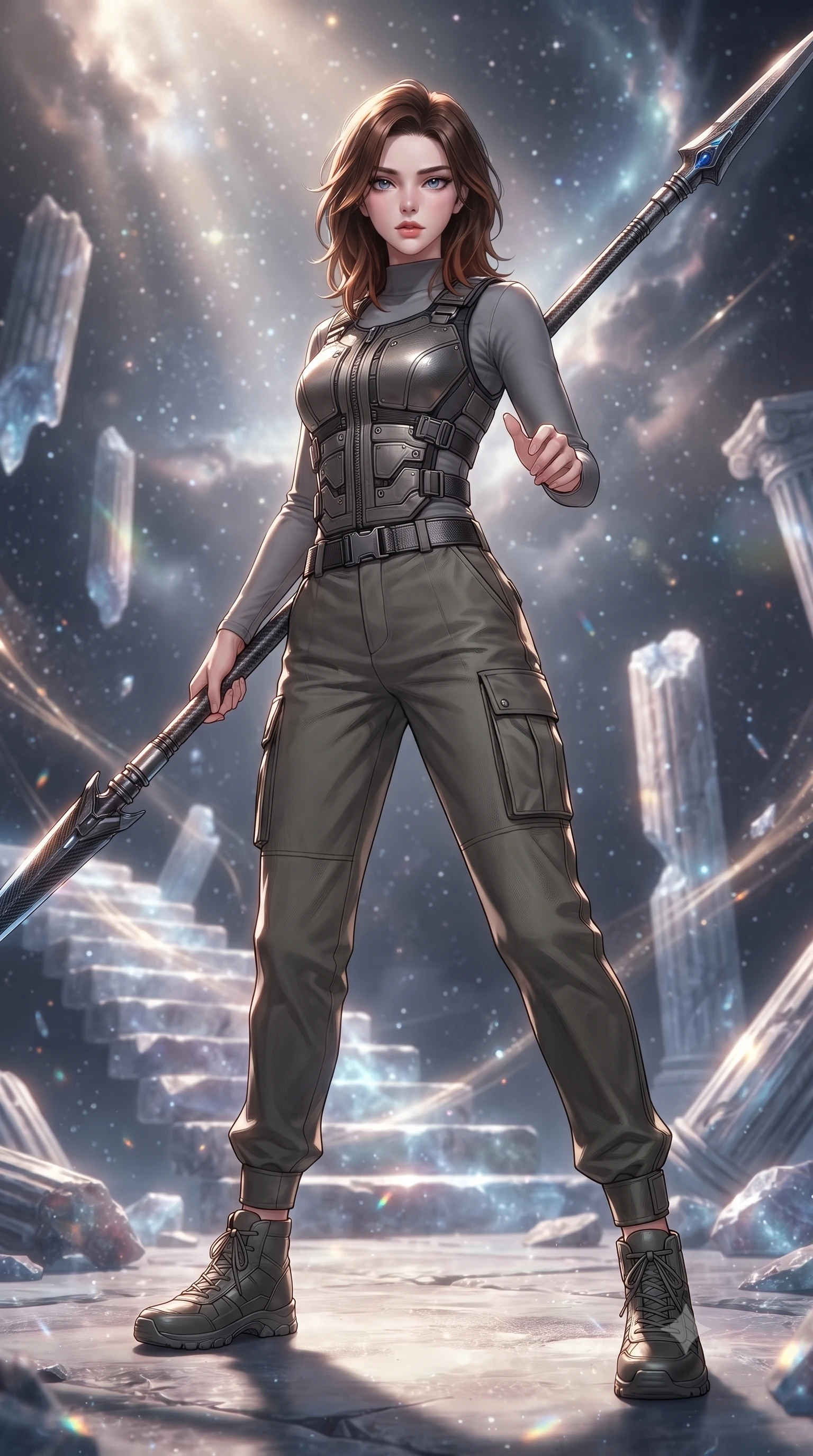 score_9, masterpiece, best quality, ultra-detailed, high-budget anime keyframe, editorial fashion photography, tasteful artistic composition, Korean woman. low angle full-body shot from head to toe showing her feet, filling the entire 9:16 vertical frame with her statuesque presence, stretching her vertical silhouette. standing in a dynamic combat stance with a carbon-fiber spear held diagonally, stretching her statuesque body, the background shows a soft-focus a crystal ruins courtyard with levitating stone steps and shattered columns. She has an absolutely perfect, statuesque 8.5-heads proportion, an exceptionally tall and slender model-like female figure with impossibly long slender legs and an ultra-slim waist. sharp v-shaped jawline, high-bridge nose, intricate jewel-like eyes with depth, thick eyelashes, glossy lips with a natural sheen. wearing a tailored rugged carbon-alloy utility vest over a long-sleeve high-neck grey compression shirt and matching cargo slacks. dappled sunlight filtering through cosmic dust clouds, creating volumetric light rays. ultra-reflective glossy finish, specular highlights, metallic sheen, high-contrast stereoscopic depth, volumetric dynamic lighting, 2k, ultra detail, master piece, 9:16 ratio