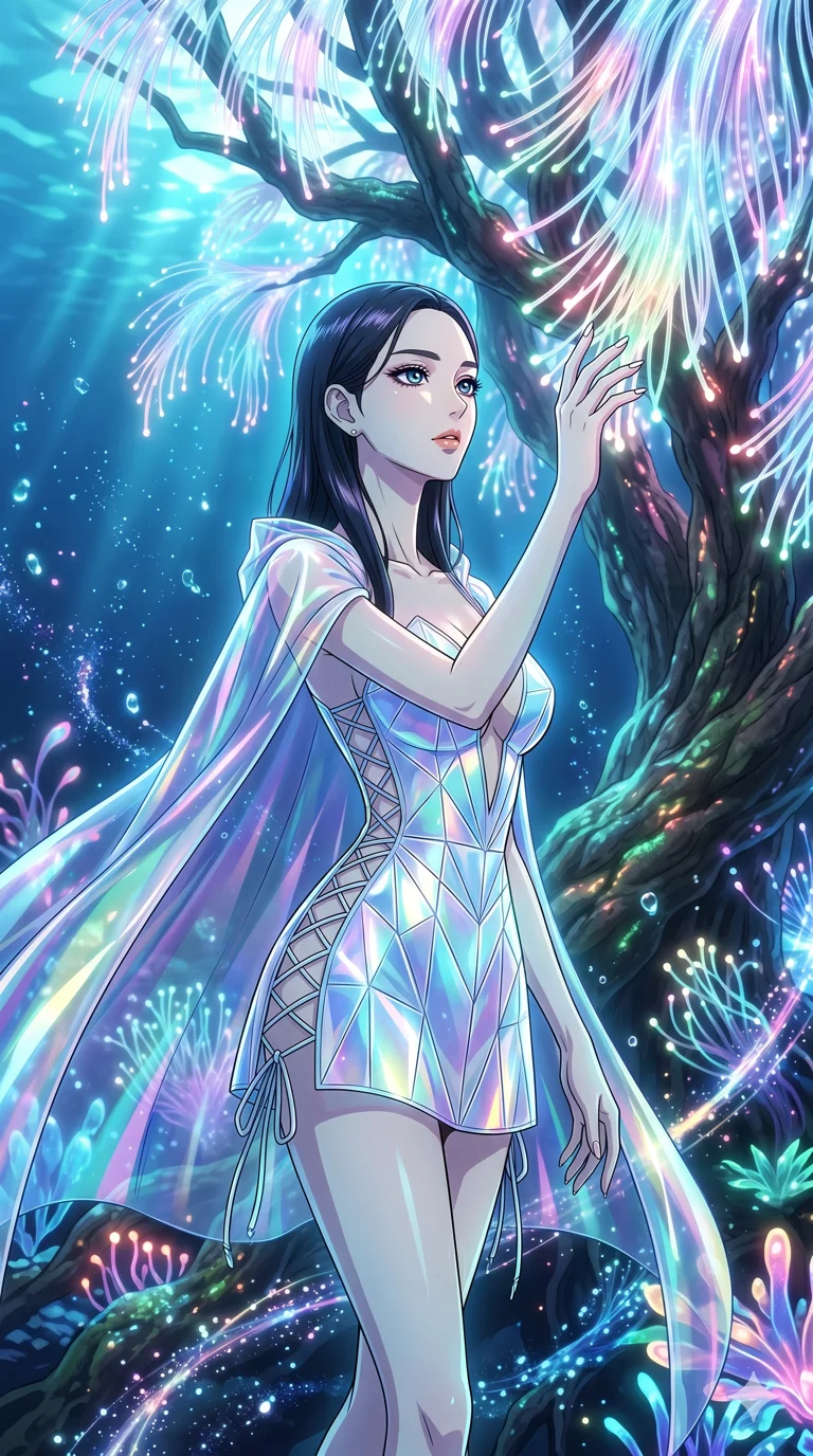 score_9, masterpiece, best quality, ultra-detailed, High-budget Anime Keyframe, vibrant colors, fluid line-art, expressive lighting, cinematic composition, Ufotable-style visual effects, top-tier animation quality, Korean woman with idol-like refined features. Upper body close-up from the thighs up, character filling the screen for maximum presence. Communing with a ancient tree whose leaves are made of translucent fiber-optics. She has an absolutely perfect 8-heads proportion, an exceptionally tall and slender female figure with impossibly long slender legs and an ultra-slim waist, her statuesque height and towering silhouette dominating the vertical 9:16 frame. Her face is a masterpiece featuring a sharp v-shaped jawline, high-bridge nose, intricate jewel-like eyes with depth, thick eyelashes, and glossy lips with a natural sheen. She is wearing a Crystalline structure mini-dress with an iridescent vinyl cape, dangerous plunging neckline, and lace-up side panels.. The scene is set in an underwater Eden where the plants are made of light and fiber-optics. 2k, ultra detail, master piece, 9:16 ratio