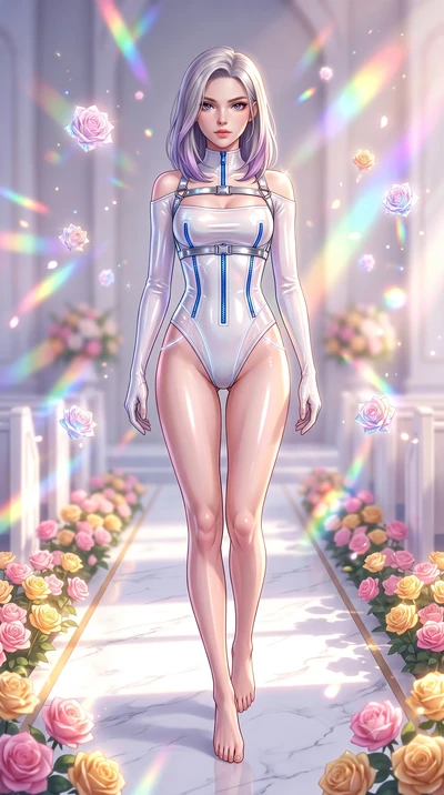 score_9, masterpiece, best quality, ultra-detailed, high-budget anime keyframe, semi-realistic 3D game render, editorial fashion photography, tasteful artistic composition, Caucasian woman. low angle full-body shot from head to toe showing her feet, 