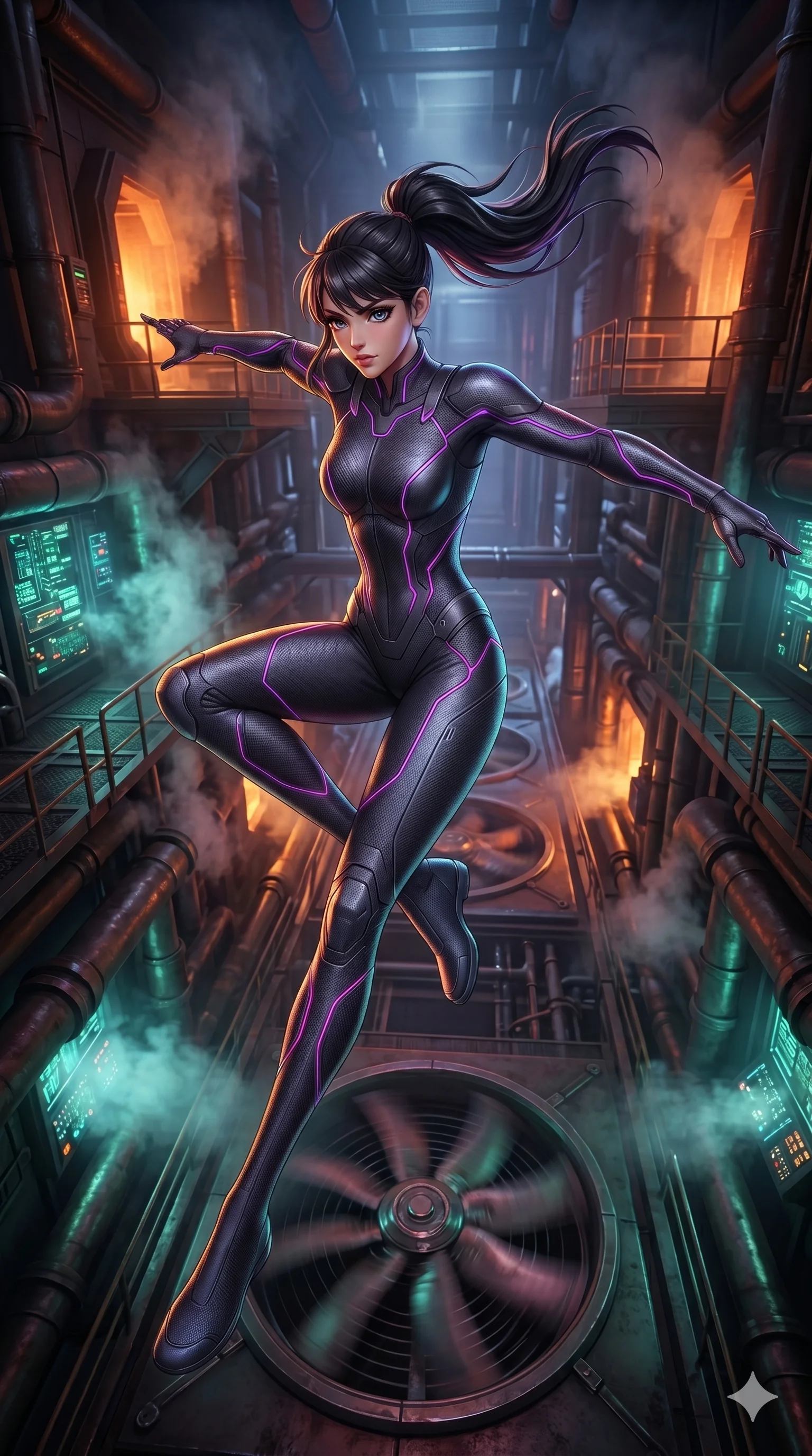 score_9, masterpiece, best quality, ultra-detailed, semi-realistic 3D game render, high-fidelity textures, Unreal Engine 5 style, Caucasian (strictly human ears) woman. Extreme high angle shot as she leaps towards the camera, filling the frame. navigating a corridor of spinning fans and steam pipes. She has an graceful and slender female figure with elegant proportions. strictly human anatomy, two legs only, no extra limbs, clearly defined legs and arms, well-defined anatomy, perfect hands and fingers. sharp v-shaped jawline, high-bridge nose, intricate jewel-like eyes, thick eyelashes, glossy lips. Wearing Tech-Fantasy: Advanced cybernetic tech-suit with glowing seams and modular tactical gear. The scene is illuminated by dramatic atmospheric lighting and vibrant color palettes. , 2k, ultra detail, master piece, 9:16 ratio