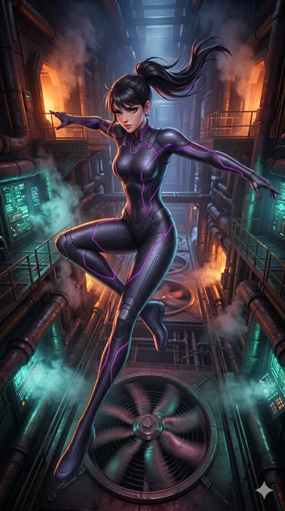 score_9, masterpiece, best quality, ultra-detailed, semi-realistic 3D game render, high-fidelity textures, Unreal Engine 5 style, Caucasian (strictly human ears) woman. Extreme high angle shot as she leaps towards the camera, filling the frame. navig