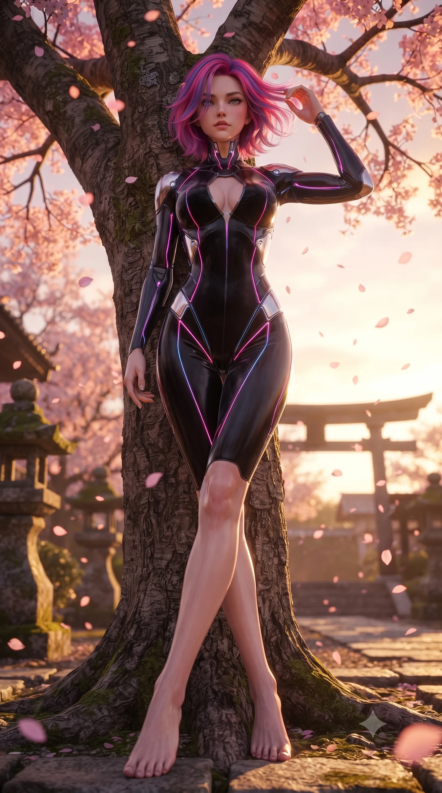 score_9, masterpiece, best quality, ultra-detailed, high-budget anime keyframe, editorial fashion photography, tasteful artistic composition, Caucasian woman. low angle full-body shot from head to toe showing her feet, filling the entire 9:16 vertical frame with her statuesque presence, stretching her vertical silhouette. navigating the luminous space with effortless poise, displaying her perfect model proportions resting against a courtyard cherry blossom tree as pink petals rain softly around her, soft evening breeze swaying her long hair gracefully against the skyline. She has an absolutely perfect, statuesque 8.5-heads proportion, an exceptionally tall and slender model-like female figure with impossibly long slender legs and an ultra-slim waist. sharp v-shaped jawline, high-bridge nose, intricate jewel-like eyes with depth, thick eyelashes, glossy lips with a natural sheen. wearing a skin-tight cybernetic bodysuit with glowing neon seams and side cutouts in matte black and polished silver, made of premium stretch velvet with a rich sheen, accented with a Tasteful chest slit framing her clavicle gracefully, the elegant draped fit framing her graceful clavicle and slender torso. bathed in brilliant golden hour sunset rays and warm amber ambient light. ultra-reflective glossy finish, specular highlights, metallic sheen, high-contrast stereoscopic depth, volumetric dynamic lighting, 2k, ultra detail, master piece, 9:16 ratio