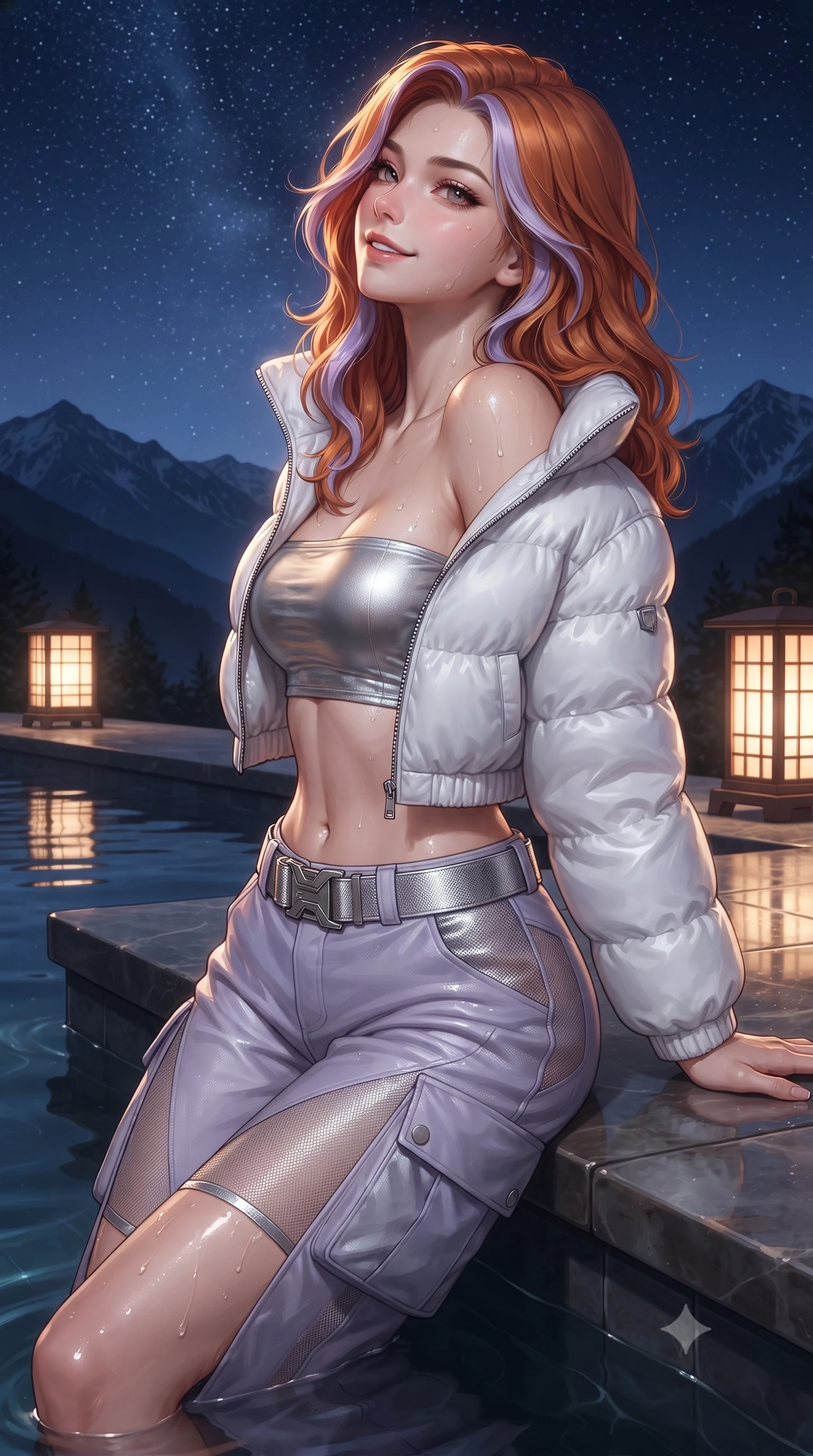 score_9, masterpiece, best quality, ultra-detailed, high-budget anime keyframe, editorial fashion photography, tasteful artistic composition, Caucasian woman. close-up cowboy shot from the waist and thighs up, the character dominates the composition, filling the frame with her large presence. turning over a bare shoulder with an intoxicating, teasing smile, her soft hair framing her sharp jawline as she looks back while leaning against the smooth stone pool ledge, head tilted back toward starry alpine skies with parted, glossy lips. The surrounding environment is rendered in vivid detail and crisp panoramic clarity. detailed mountain ridge silhouettes, glowing lantern lattice, and wet skin highlights in high clarity. She has an exceptionally elegant, slender, and willowy female figure with an ultra-slim waist, a gracefully sculpted slender torso, toned flat midriff, and a refined slim silhouette. sharp v-shaped jawline, high-bridge nose, intricate jewel-like eyes with depth, thick eyelashes, glossy parted lips with a natural sheen, intensely captivating and seductive expression, flawlessly proportioned anatomical accuracy, strict slender model proportions, natural body alignment, perfectly sculpted long slender limbs, ultra-slim waistline, clean dynamic posture without body distortion. wearing a cropped white puffer jacket worn over a metallic silver tube top and low-slung insulated cargo pants in frosted lavender mist and metallic silver, made of thermal technical mesh with sheer ventilation panels, accented with a wide metallic ski belt cinching her ultra-slim waistline, the sweeping couture drape swaying majestically with her steps, accentuating her tall statuesque limbs and slender waistline. illuminated by wet specular highlights accentuating her slender neckline, sculpted waist, and curves. ultra-reflective glossy finish, specular highlights, rich textural contrasts, high-contrast stereoscopic depth, volumetric dynamic lighting, 2k, ultra detail, master piece, 9:16 ratio