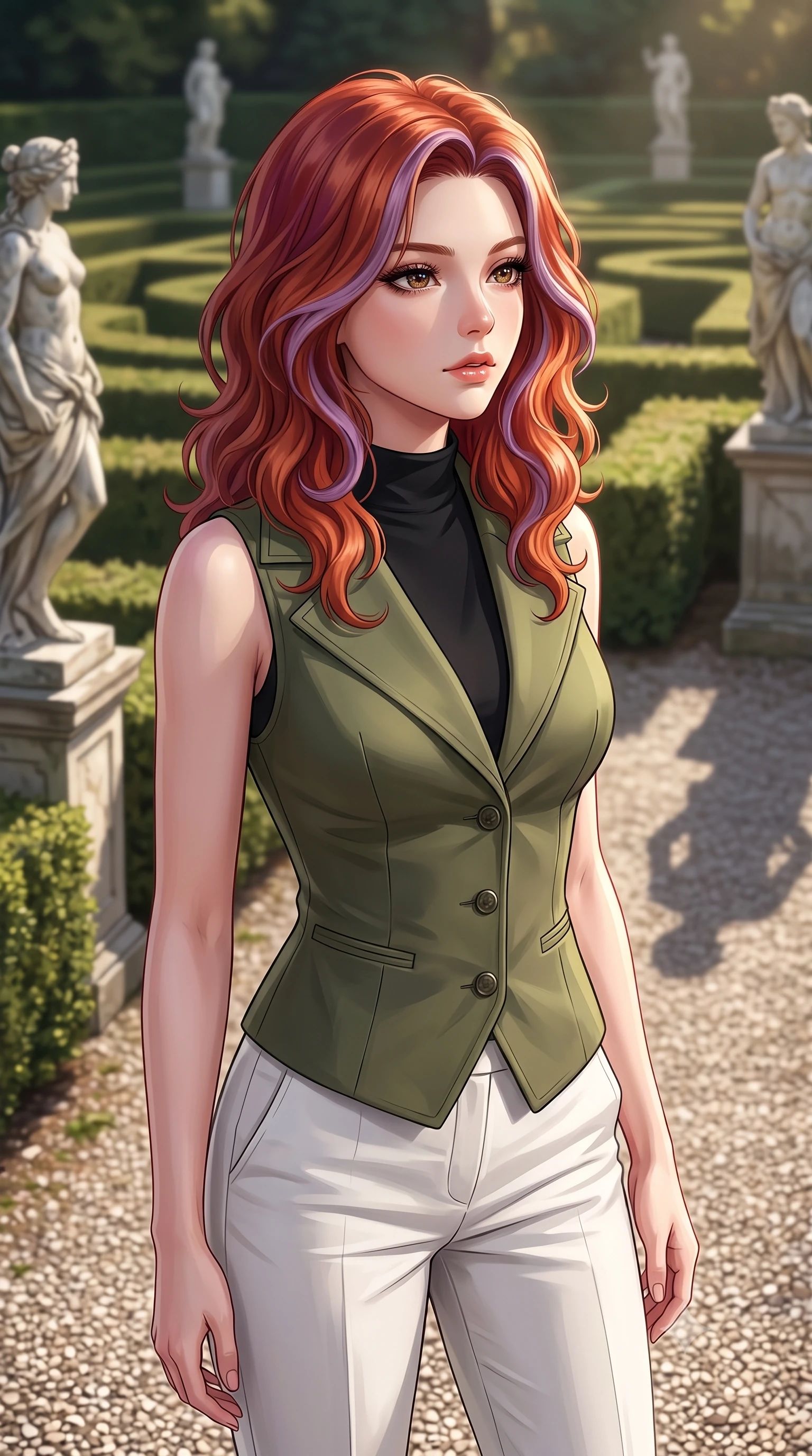 score_9, masterpiece, best quality, ultra-detailed, high-budget anime keyframe, editorial fashion photography, tasteful artistic composition, Caucasian woman woman. close-up cowboy shot from the waist and thighs up, the character dominates the composition, filling the frame with her large presence, background elements kept in soft focus. looking past the camera with a peaceful, thoughtful gaze, enjoying the warm sunlight the background shows a soft-focus a garden with structured hedge mazes, marble statues, and gravel paths of an old estate. She has an exceptionally elegant, slender, and willowy female figure with an ultra-slim waist, a gracefully sculpted slender torso, and a refined silhouette. sharp v-shaped jawline, high-bridge nose, intricate jewel-like eyes with depth, thick eyelashes, glossy lips with a natural sheen. wearing a form-contouring tailored olive green trench vest over a black mock-neck shirt and white chino slacks. soft morning sunrays casting elegant shadows of the statues and hedges. 2k, ultra detail, master piece, 9:16 ratio