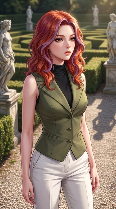 score_9, masterpiece, best quality, ultra-detailed, high-budget anime keyframe, editorial fashion photography, tasteful artistic composition, Caucasian woman woman. close-up cowboy shot from the waist and thighs up, the character dominates the compos