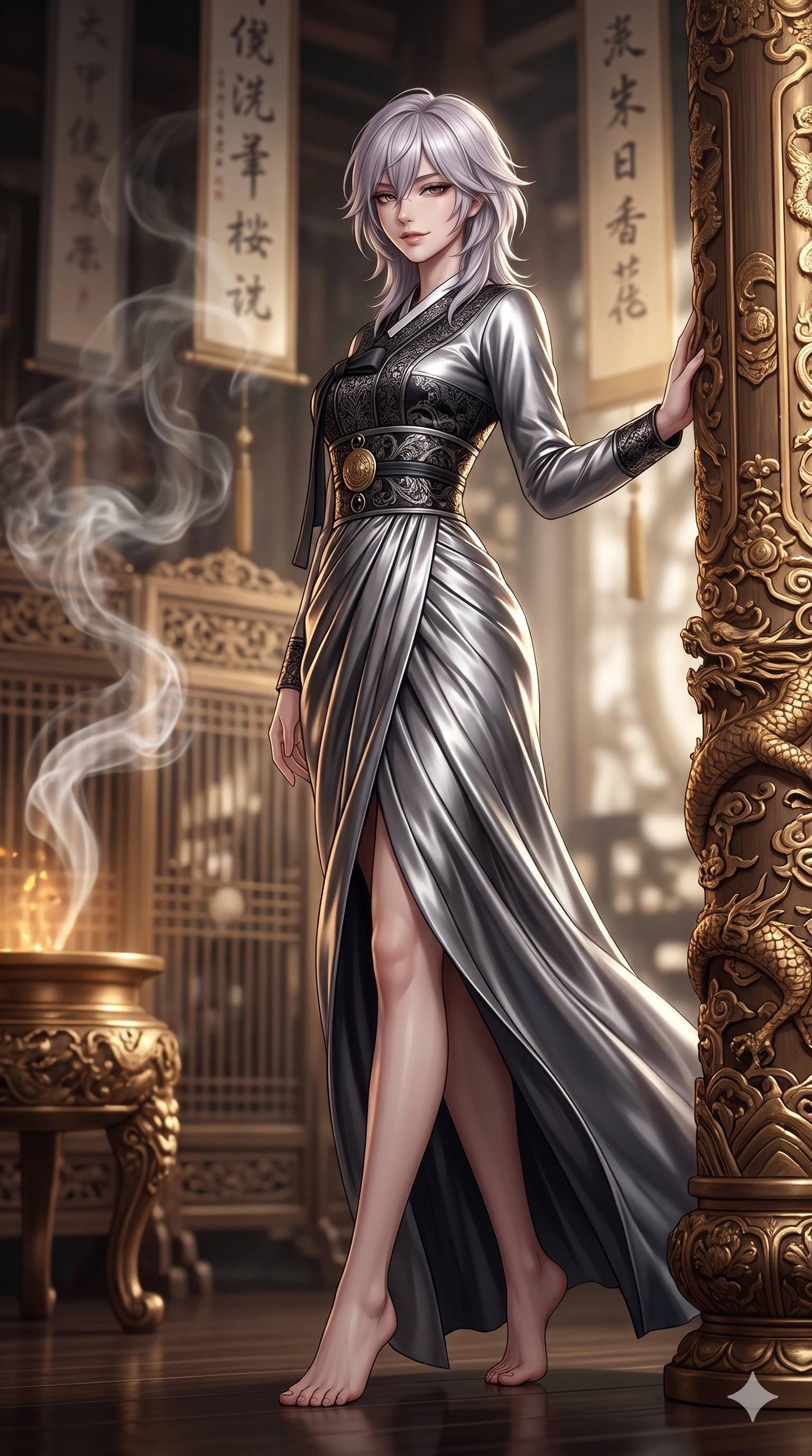 score_9, masterpiece, best quality, ultra-detailed, high-budget anime keyframe, editorial fashion photography, tasteful artistic composition, Japanese woman. low angle full-body shot from head to toe showing her feet, filling the entire 9:16 vertical frame with her statuesque presence, stretching her vertical silhouette. executing a slow, graceful pivot turn as her silk wrap skirt sways around her slender legs, glancing back with an enchanting, teasing sensual expression while leaning against the gilded wooden column with hips cocked back, looking through heavy-lidded bedroom-eyes with an intoxicating half-smile. The background shows a soft-focus swirling white agarwood incense smoke, carved dragon column bases, and hanging silk calligraphy banners blurred into cream, gold, and charcoal bokeh. She has an absolutely perfect, statuesque 8.5-heads proportion, an exceptionally tall and slender model-like female figure with impossibly long slender legs, an ultra-slim waist, a flat toned midriff, narrow delicate ribcage, and beautifully sculpted feminine hips creating a graceful, slim hourglass silhouette without any bulky heaviness. sharp v-shaped jawline, high-bridge nose, sparkling eyes with hypnotic seductive depth, thick curled eyelashes, glossy parted lips with a natural dewy peach sheen, alluring bedroom-eyes with an enchanting coquettish smile, exuding magnetic siren charisma and sophisticated glamour, flawlessly proportioned anatomical accuracy, strict slender model proportions, natural body alignment, perfectly sculpted long slender limbs, ultra-slim waistline, clean dynamic posture without body distortion. wearing an elegant long-sleeve embroidered silk chima gown with a structured jeogori bodice and graceful pleated drape in liquid mercury chrome and deep ink black, tailored from smooth liquid silk satin with a natural dewy moonlight sheen, accented with an authentic engraved gold medallion and obsidian cabochons, the impeccably tailored cut draping gracefully along her slender figure with aristocratic eastern poise. bathed in warm 2200K bronze brazier glow cutting through atmospheric white incense smoke. ultra-reflective glossy finish, specular highlights, rich textural contrasts, high-contrast stereoscopic depth, volumetric dynamic lighting, 2k, ultra detail, master piece, 9:16 ratio
