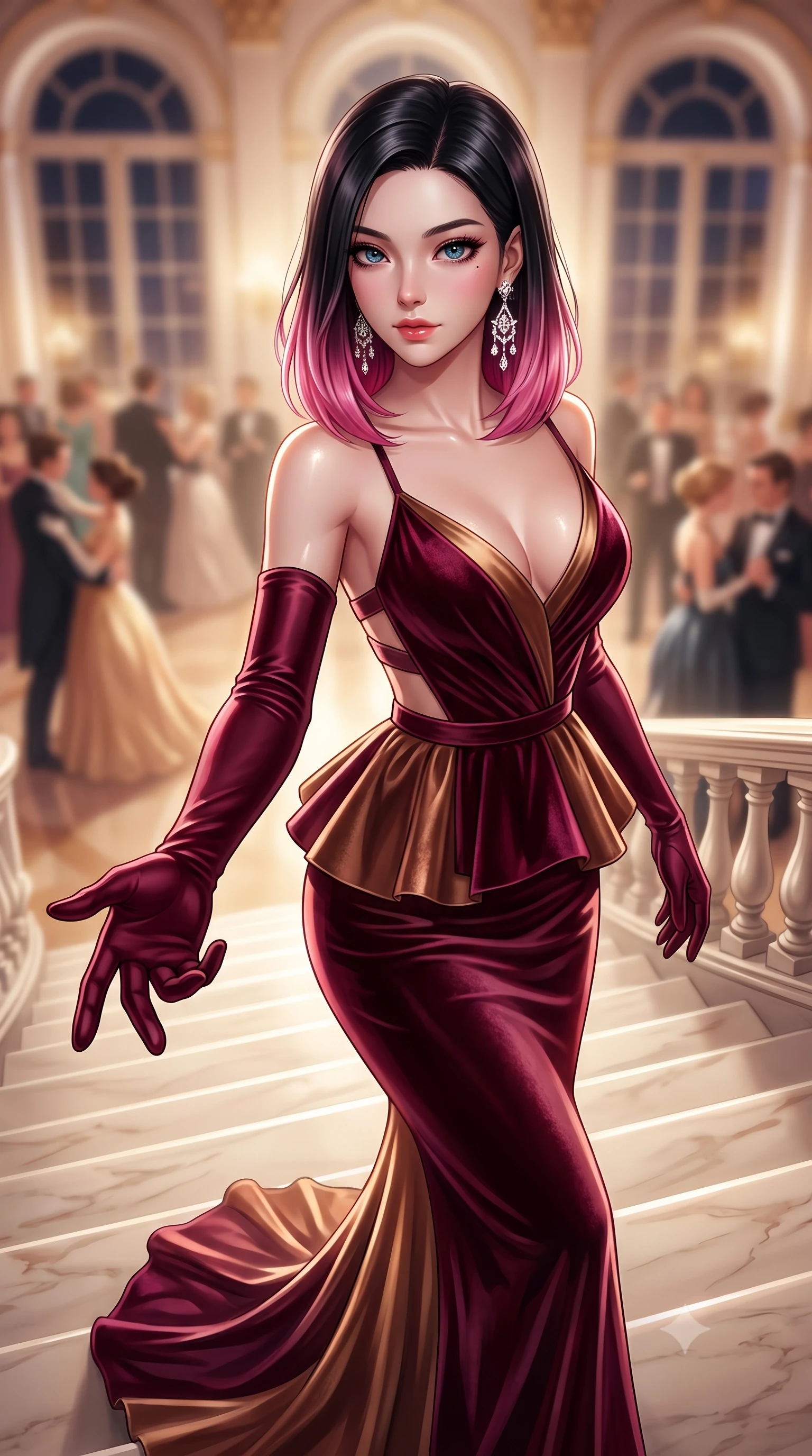 score_9, masterpiece, best quality, ultra-detailed, high-budget anime keyframe, semi-realistic 3D game render, editorial fashion photography, tasteful artistic composition, Korean woman. close-up cowboy shot from the waist and thighs up, the character dominates the composition, filling the frame with her large presence. extending one slender arm gracefully toward the foreground while casting an affectionate, mesmerizing glance while descending a sweeping imperial marble staircase with regal supermodel grace and fluid momentum. The composition keeps background elements in soft focus with creamy bokeh. twirling ballroom gala guests and towering arched palace windows blurred into creamy champagne and amber bokeh. She has an exceptionally elegant, slender, and willowy female figure with an ultra-slim waist, a gracefully sculpted slender torso, toned flat midriff, and a refined slim silhouette. sharp v-shaped jawline, high-bridge nose, intricate jewel-like eyes with depth, thick eyelashes, glossy lips with a natural sheen, captivating and magnetic expression, flawlessly proportioned anatomical accuracy, strict slender model proportions, natural body alignment, perfectly sculpted long slender limbs, ultra-slim waistline, clean dynamic posture without body distortion. wearing a structural geometric peplum gown with sheer side-ribbon cutouts and form-fitting skirt in rich wine burgundy and liquid bronze, crafted from heavyweight crushed silk velvet with liquid luster, complemented by opera-length satin gloves and sparkling chandelier earrings, the breezy yet form-flattering drape swaying gracefully with her steps, accentuating her long willowy limbs and slim waistline. illuminated by crisp specular highlights tracing her sculpted flat midriff, collarbones, and long legs. highly saturated vibrant anime colors, detailed shading with soft gradients, rich glossy textures, high-contrast stereoscopic depth, volumetric dynamic lighting, master piece, 9:16 ratio