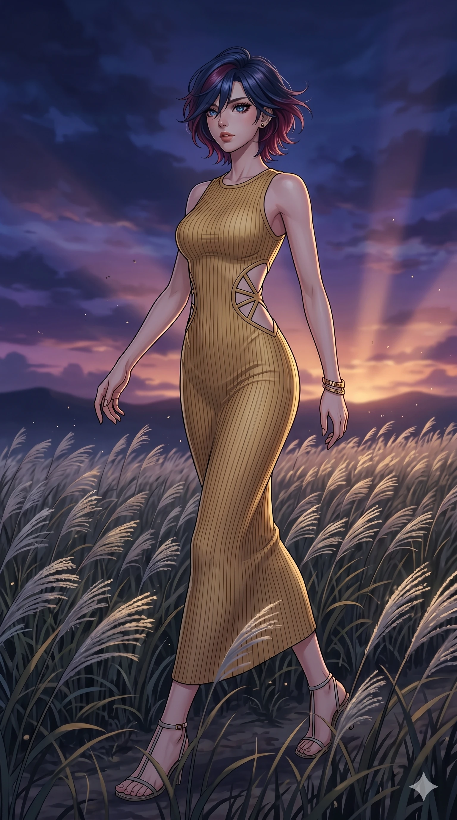 score_9, masterpiece, best quality, ultra-detailed, High-budget Anime Keyframe, East Asian woman. Dynamic full-body shot stretching the vertical silhouette to the limit. Scenario 258: Walking through a field of tall silver grass at twilight. Her presence is magnetic and overpowering in this high-budget anime scene. Outfit 258: A ribbed bodycon knit gold with a strategic side cut-outs and tight-fitting silhouette. The clothing is designed to emphasize her exceptionally tall and slender 8-heads proportion. 8-heads proportion, towering silhouette, ultra-slim waist. sharp v-shaped jawline, intricate jewel-like eyes with depth, thick eyelashes, glossy lips. 2k, ultra detail, master piece, 9:16 ratio