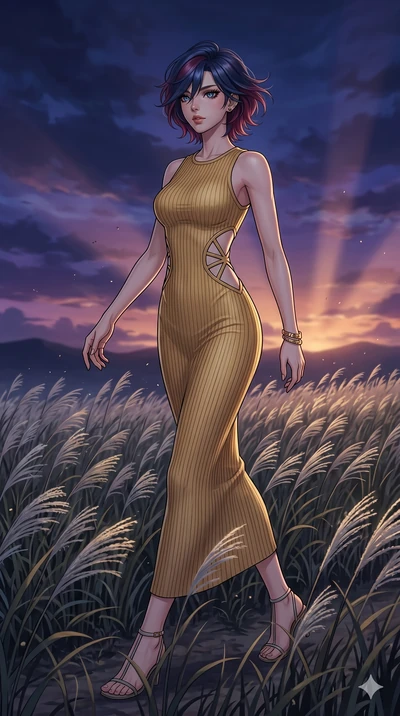 score_9, masterpiece, best quality, ultra-detailed, High-budget Anime Keyframe, East Asian woman. Dynamic full-body shot stretching the vertical silhouette to the limit. Scenario 258: Walking through a field of tall silver grass at twilight. Her pres
