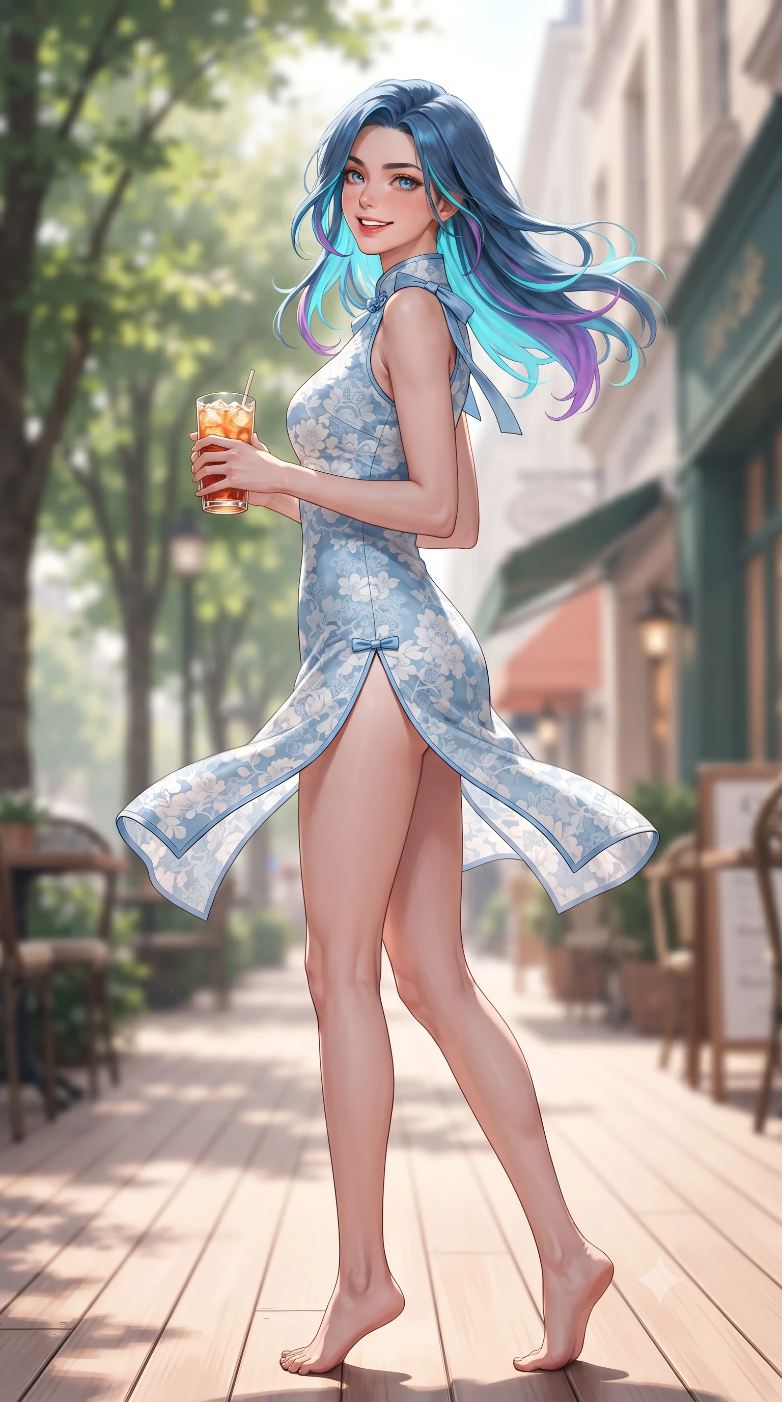 score_9, masterpiece, best quality, ultra-detailed, high-budget anime keyframe, editorial fashion photography, tasteful artistic composition, Caucasian woman. low angle full-body shot from head to toe showing her feet, filling the entire 9:16 vertical frame with her statuesque presence, stretching her vertical silhouette. executing a cheerful mid-motion pivot turn as her skirt flutters around her slender legs, glancing over her shoulder with an intoxicating, teasing cute expression while walking dynamically down the sunlit cafe deck with an iced peach tea in hand, her hips swaying gracefully in a captivating supermodel rhythm. The composition keeps background elements in soft focus with dreamy creamy bokeh. dappled golden morning sunbeams filtering through leafy street trees and trendy boutique facades blurred into warm peach, honey, and emerald bokeh. She has an exceptionally tall and slender model-like 8.5-heads proportion, an ultra-slim waist, a flat toned midriff, narrow delicate ribcage, and beautifully sculpted feminine hips creating a graceful, slim hourglass silhouette without any bulky heaviness, with impossibly long slender legs. sharp v-shaped jawline, high-bridge nose, intricate jewel-like sparkling eyes with depth, thick eyelashes, glossy parted lips with a natural peach sheen, bright cheerful beaming smile with an enchanting and coquettish sensual glint, exuding both youthful cute charm and seductive allure, flawlessly proportioned anatomical accuracy, strict slender model proportions, natural body alignment, perfectly sculpted long slender limbs, ultra-slim waistline, clean dynamic posture without body distortion. wearing a modern cute qipao mini dress with double side slits ascending to the hip in pastel floral silk in soft baby blue and crisp cloud white, made of sheer contouring stretch lace with delicate floral patterns, finished with cute satin bow ribbons tying at the shoulders, the form-fitting cut adhering flawlessly to her sculpted flat midriff and slender torso, emphasizing her long leg lines and perfectly proportioned willowy build. bathed in crisp clear morning key light and soft warm cafe terrace ambient fill. ultra-reflective glossy finish, specular highlights, rich textural contrasts, high-contrast stereoscopic depth, volumetric dynamic lighting, 2k, ultra detail, master piece, 9:16 ratio