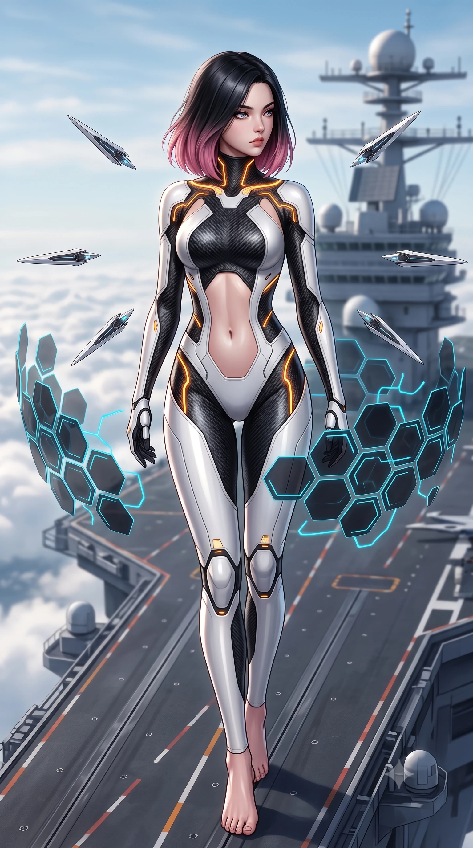 score_9, masterpiece, best quality, ultra-detailed, high-budget anime keyframe, semi-realistic 3D game render, editorial fashion photography, tasteful artistic composition, Korean woman. close-up cowboy shot from the waist and thighs up, the character dominates the composition, filling the frame with her large presence. stretching forward with an alluring arch of her spine, glancing over her shoulder with divine self-assurance and magnetic intensity while striding commanding down the flight deck of a flying super-carrier above the clouds as eight floating nano-crystal funnel blades orbit her. The composition keeps background elements in soft focus with creamy bokeh. carrier deck catapult tracks and radar radomes softened in luminous shallow depth of field. She has an exceptionally elegant, slender, and willowy female figure with an ultra-slim waist, a gracefully sculpted slender torso, toned flat midriff, and a refined slim silhouette. sharp v-shaped jawline, high-bridge nose, intricate jewel-like eyes with depth, thick eyelashes, glossy lips with a natural sheen, flawlessly proportioned anatomical accuracy, strict slender model proportions, natural body alignment, perfectly sculpted long slender limbs, ultra-slim waistline, clean dynamic posture without body distortion. wearing a high-contrast monochrome white-and-black carbon-composite exoskeleton suit with glowing amber circuitry, deploying floating hexagonal holographic energy shields with sovereign grace in matte obsidian carbon black with electric cyan conduits, crafted from ultra-strong woven carbon-fiber composite with a satin luster, accented with glowing fiber-optic conduits tracing her collarbones and hip curves, the precision-cut daring openings accentuating her delicate midriff, graceful bare collarbones, and ultra-slim feminine waistline. illuminated by crisp specular highlights tracing her sculpted collarbones, waistline, and long slender legs. rich saturated anime colors with glowing neon highlights, detailed shading with soft gradients, rich glossy textures, high-contrast stereoscopic depth, volumetric dynamic lighting, master piece, 9:16 ratio