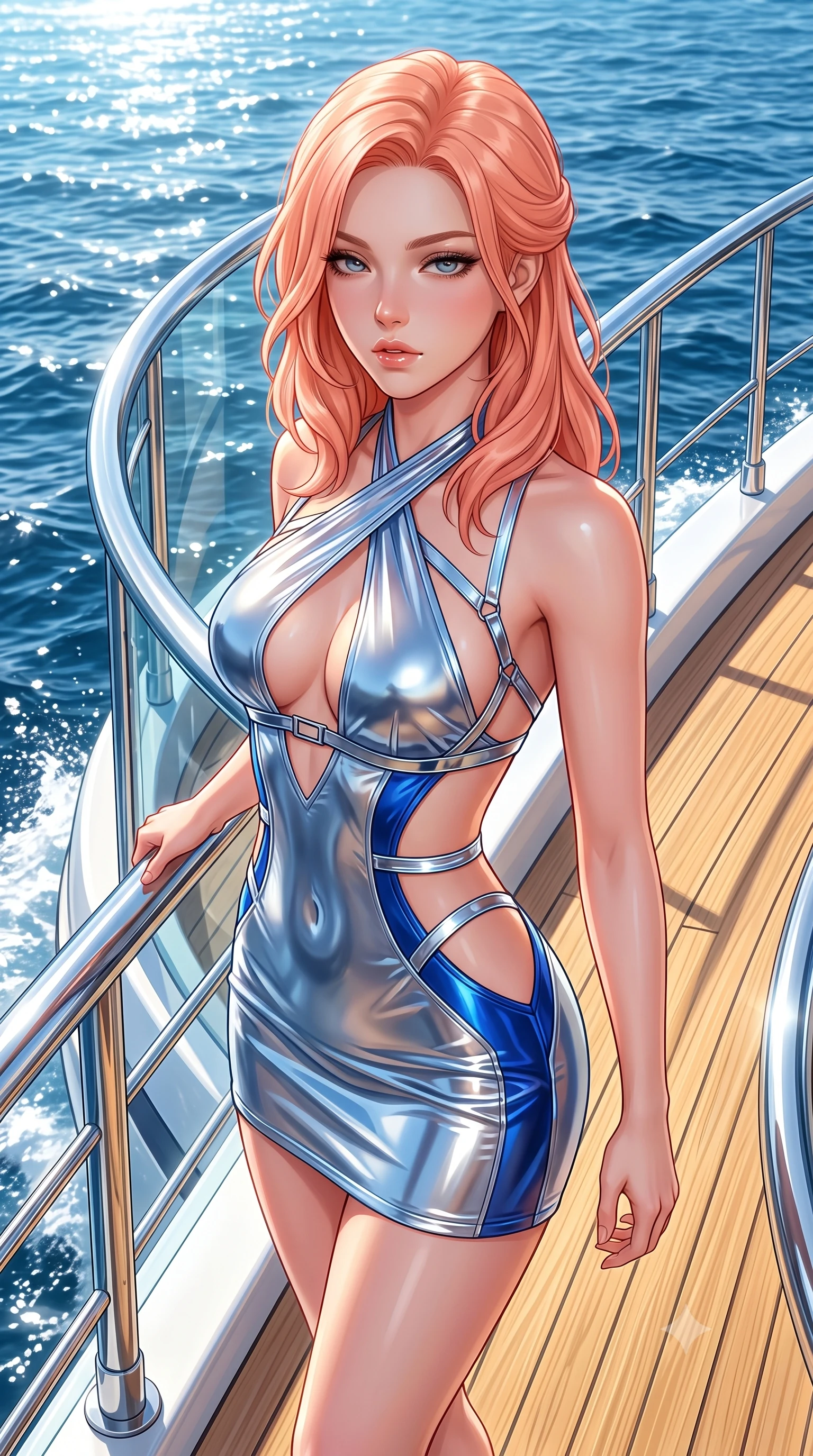 score_9, masterpiece, best quality, ultra-detailed, high-budget anime keyframe, semi-realistic 3D game render, editorial fashion photography, tasteful artistic composition, Japanese woman. close-up cowboy shot from the waist and thighs up, the character dominates the composition, filling the frame with her large presence. casting a slow, smoldering gaze beneath heavy lashes with parted glossy lips, her head slightly tilted in captivating self-assurance while pivoting dynamically near the yacht glass balustrade as the vessel cuts through sparkling deep blue ocean waves. The surrounding environment is rendered in vivid detail and crisp panoramic clarity. crisp golden teak deck wood grain, polished chrome yacht railings, and deep blue sea waves in deep focus. She has an exceptionally elegant, slender, and willowy female figure with an ultra-slim waist, a gracefully sculpted slender torso, toned flat midriff, and a refined slim silhouette. sharp v-shaped jawline, high-bridge nose, intricate jewel-like eyes with depth, thick eyelashes, glossy lips with a natural sheen, flawlessly proportioned anatomical accuracy, strict slender model proportions, natural body alignment, perfectly sculpted long slender limbs, ultra-slim waistline, clean dynamic posture without body distortion. wearing a molten silver liquid-metal mini dress featuring deep side-waist cutouts and a daring crossover halter neckline in liquid electric cobalt blue and polished silver, tailored from semi-translucent cybernetic vinyl with glowing micro-filaments, reinforced by a sleek metallic chrome harness and delicate glowing micro-straps, the precision-cut daring openings accentuating her delicate midriff, graceful bare collarbones, and ultra-slim feminine waistline. bathed in dazzling midday Mediterranean sunshine and sparkling ocean surface reflections. highly saturated vibrant anime colors, detailed shading with soft gradients, rich glossy textures, high-contrast stereoscopic depth, volumetric dynamic lighting, master piece, 9:16 ratio