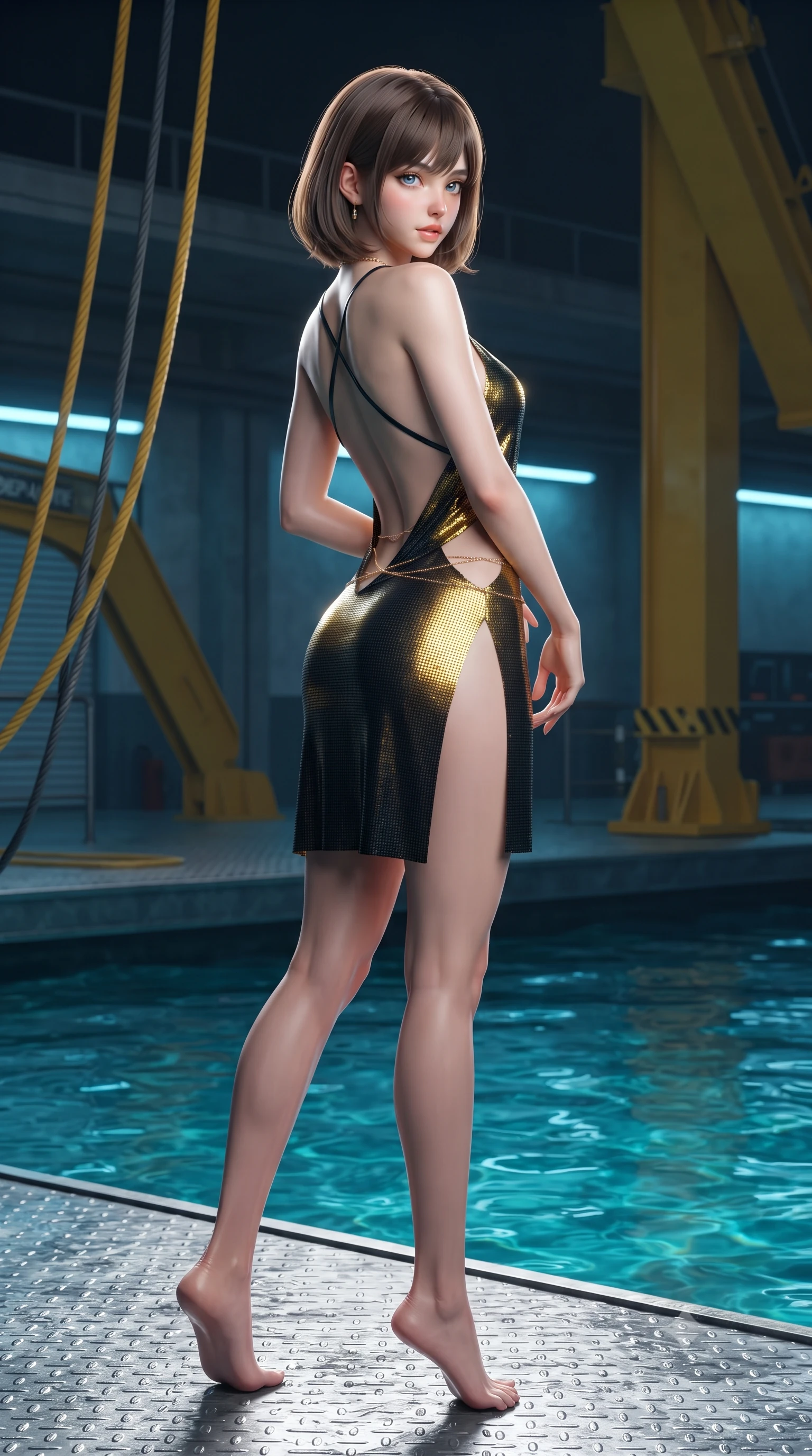 score_9, masterpiece, best quality, ultra-detailed, high-budget anime keyframe, editorial fashion photography, tasteful artistic composition, Caucasian woman. low angle full-body shot from head to toe showing her feet, filling the entire 9:16 vertical frame with her statuesque presence, stretching her vertical silhouette. executing a slow, graceful pivot turn as her skirt sways around her slender legs, glancing back with an enchanting, teasing sensual expression while twisting her slender torso in an alluring S-curve beside the departure pool, pulsating turquoise water caustics caressing her flat midriff and hips. The surrounding environment is rendered in vivid detail and crisp panoramic clarity: sharp frosted diamond-plate steel textures, heavy yellow crane cables, and clear water ripple caustics in deep focus. She has an exceptionally tall and slender model-like 8.5-heads proportion, an ultra-slim waist, a flat toned midriff, narrow delicate ribcage, and beautifully sculpted feminine hips creating a graceful, slim hourglass silhouette without any bulky heaviness, with impossibly long slender legs. sharp v-shaped jawline, high-bridge nose, intricate jewel-like sparkling eyes with depth, thick eyelashes, glossy parted lips with a natural peach sheen, bright cheerful beaming smile with an enchanting and coquettish sensual glint, exuding both youthful cute charm and seductive allure, flawlessly proportioned anatomical accuracy, strict slender model proportions, natural body alignment, perfectly sculpted long slender limbs, ultra-slim waistline, clean dynamic posture without body distortion. wearing a backless liquid foil flight mini dress with criss-cross spinal straps and daring high side slit in solar-wind gold and deep space void black, crafted from stretch micro-mesh with liquid foil coating that shimmers with every movement, accented with a dainty gold belly chain resting across her flat midriff and curving hips, the glove-like clinging cut tightly following the natural contour of her hips and long slender legs with youthful 8.5-heads elegance. illuminated by moon-pool reflection bounce and sharp aquamarine rim lights defining her jawline, narrow waist, and curvy hips. ultra-reflective glossy finish, specular highlights, rich textural contrasts, high-contrast stereoscopic depth, volumetric dynamic lighting, 2k, ultra detail, master piece, 9:16 ratio