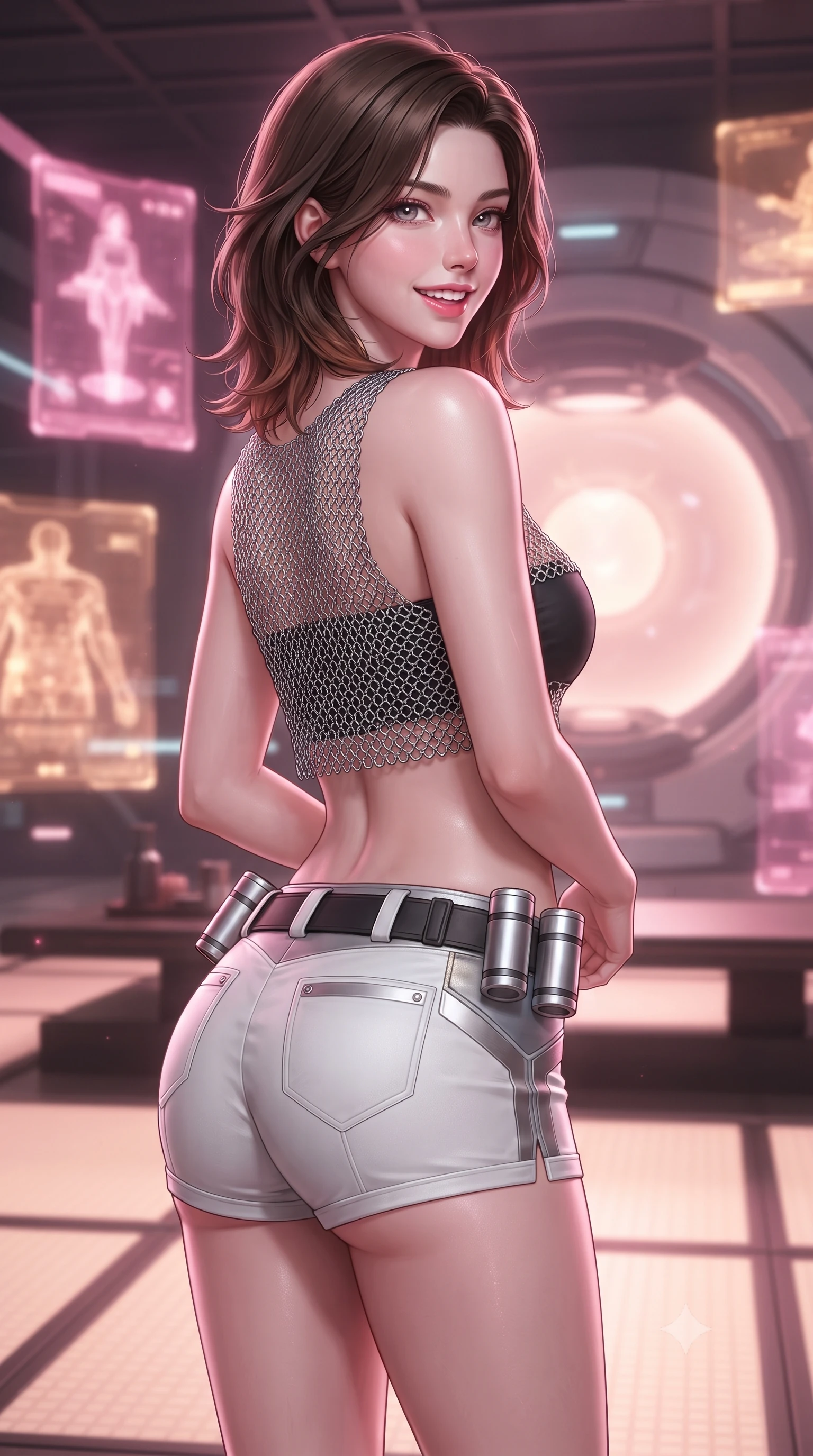 score_9, masterpiece, best quality, ultra-detailed, high-budget anime keyframe, editorial fashion photography, tasteful artistic composition, Korean woman. close-up cowboy shot from the waist and thighs up, the character dominates the composition, filling the frame with her large presence. posing in an alluring rear three-quarter angle, turning over a bare shoulder with an intoxicating gaze, her hips cocked back to highlight her slim hourglass curve against the glowing reactor while sitting in an elegant seiza-inspired pose on an illuminated glass tatami mat, arching her lower back with mesmerizing, teasing grace. The surrounding environment is rendered in vivid detail and crisp panoramic clarity: detailed cyber suit weave, soft pink neon highlights on skin, and futuristic tea house architecture in high resolution. She has an exceptionally elegant, slender, and willowy female figure with an ultra-slim waist, flat toned midriff, narrow ribcage, and sculpted feminine hips creating an alluring, slim hourglass silhouette without bulk. sharp v-shaped jawline, high-bridge nose, intricate jewel-like sparkling eyes with depth, thick eyelashes, glossy parted lips with a natural sheen, bright confident smile with an enchanting and coquettish sensual glint, exuding both youthful magnetic charm and sovereign high-tech allure, flawlessly proportioned anatomical accuracy, strict slender model proportions, natural body alignment, perfectly sculpted long slender limbs, ultra-slim waistline, clean dynamic posture without body distortion. wearing a delicate silver chainmail mesh crop top layered over a sculpted matte black bandeau with low-rise combat shorts in pure alabaster white and brushed silver accents, tailored from brushed aeronautical titanium alloy with matte satin sheen, accented with a sleek utility belt with polished magnetic canisters resting loosely on her curvy hips, the form-contouring cut accentuating her sculpted flat midriff, narrow delicate ribcage, and gracefully curvy hips with cybernetic supermodel precision. bathed in soft, romantic cherry-pink and warm amber holographic glow. ultra-reflective glossy finish, specular highlights, rich textural contrasts, high-contrast stereoscopic depth, volumetric dynamic lighting, 2k, ultra detail, master piece, 9:16 ratio