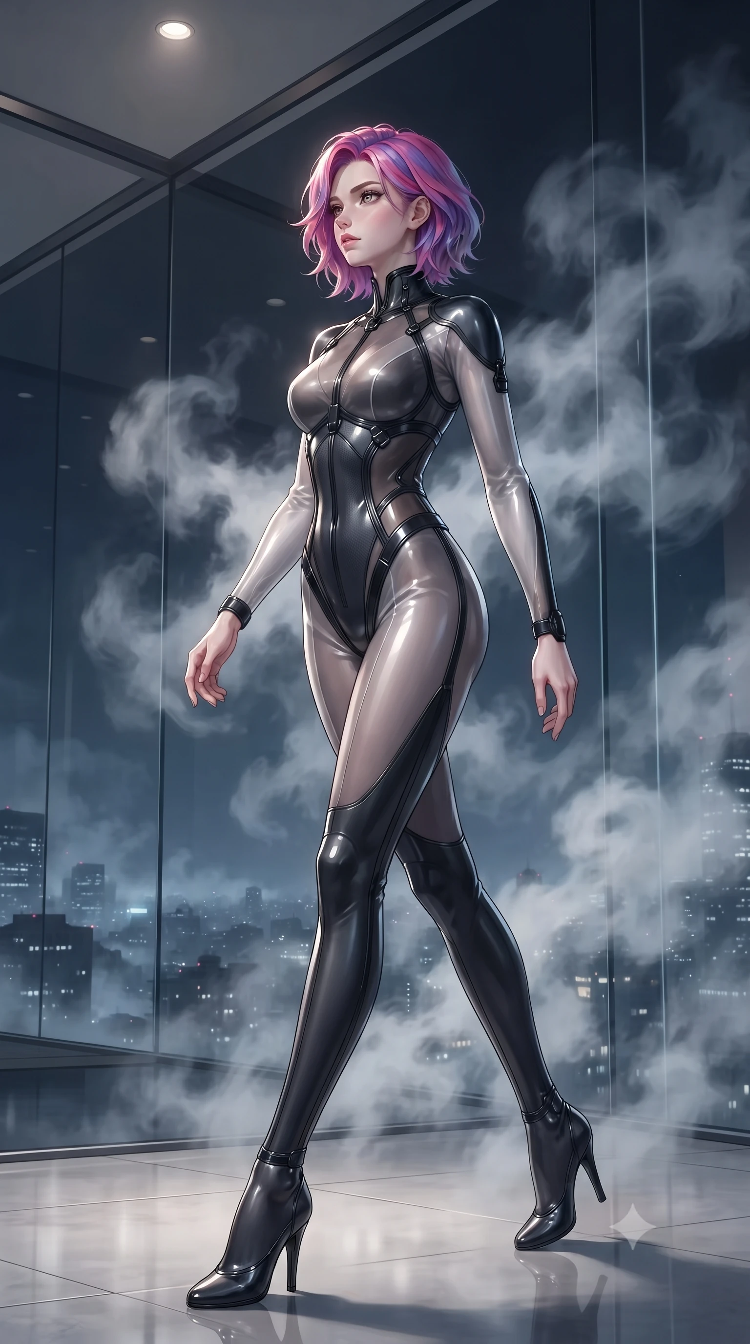 score_9, masterpiece, best quality, ultra-detailed, high-budget anime keyframe, editorial fashion photography, tasteful artistic composition, Caucasian woman. low angle full-body shot from head to toe showing her feet, filling the entire 9:16 vertical frame with her statuesque presence, stretching her vertical silhouette. stepping gracefully through the luxurious environment, stretching her statuesque silhouette, looking out the floor-to-ceiling glass wall as nocturnal mist blankets the city below, soft swirling steam clouds creating painterly ethereal shadows around her form. She has an absolutely perfect, statuesque 8.5-heads proportion, an exceptionally tall and slender model-like female figure with impossibly long slender legs and an ultra-slim waist. sharp v-shaped jawline, high-bridge nose, intricate jewel-like eyes with depth, thick eyelashes, glossy lips with a natural sheen. wearing second-skin matte carbon-fiber combat suit in onyx black in pearl white, made of sheer dark organza overlay, adorned with minimalist black onyx hardware framing the silhouette, accentuating her gracefully sculpted slender torso. illuminated by soft diffused key light filtering through delicate steam. ultra-reflective glossy finish, specular highlights, metallic sheen, high-contrast stereoscopic depth, volumetric dynamic lighting, 2k, ultra detail, master piece, 9:16 ratio