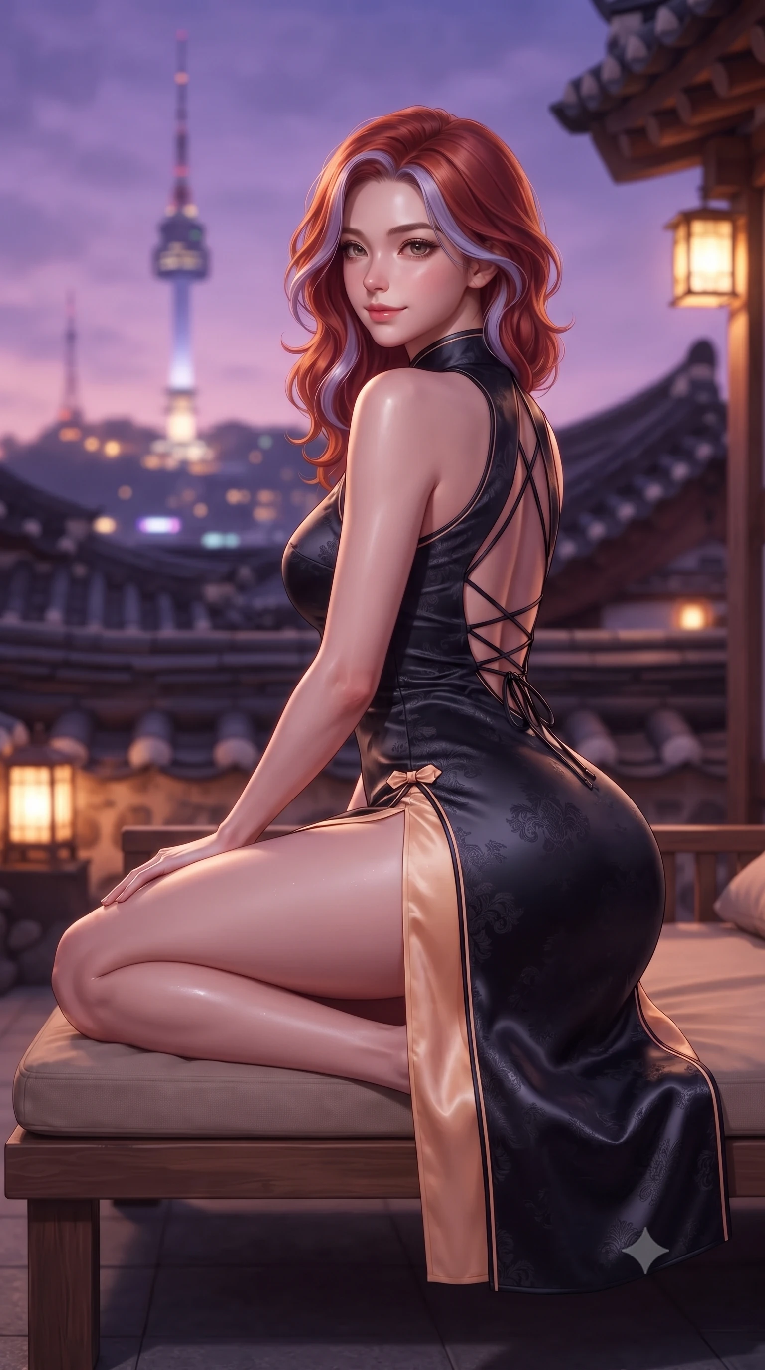 score_9, masterpiece, best quality, ultra-detailed, high-budget anime keyframe, editorial fashion photography, tasteful artistic composition, Caucasian woman. close-up cowboy shot from the waist and thighs up, the character dominates the composition, filling the frame with her large presence. posing in an alluring rear three-quarter angle, turning over a bare shoulder with an intoxicating gaze, her hips cocked back to highlight her slim hourglass curve while lounging on an outdoor low wooden daybed propped on one elbow with one knee bent, her flat midriff and hourglass curves radiant in twilight glow. The background shows a soft-focus layers of traditional curved clay-tiled hanok eaves and the illuminated Seoul N Tower against twilight purple sky blurred into violet, amber, and slate bokeh. She has an exceptionally elegant, slender, and willowy female figure with an ultra-slim waist, flat toned midriff, narrow ribcage, and sculpted feminine hips creating an alluring, slim hourglass silhouette without bulk. sharp v-shaped jawline, high-bridge nose, intricate jewel-like dark sparkling almond eyes with depth, thick lashes, glossy parted lips with a natural rose-plum sheen, bright alluring and coquettish smile with bedroom-eyes, exuding both timeless oriental elegance and sovereign high-fashion allure, flawlessly proportioned anatomical accuracy, strict slender model proportions, natural body alignment, perfectly sculpted long slender limbs, ultra-slim waistline, clean dynamic posture without body distortion. wearing a form-contouring high-neck modern cheongsam mini dress in midnight black jacquard silk with daring double side hip slits in warm peach apricot and soft vanilla silk, crafted from heavy fluid silk satin with a liquid mirror-like sheen, finished with criss-cross back satin laces tracing her slender spine, the form-fitting tailored bodice adhering flawlessly to her sculpted flat midriff and slender torso, emphasizing her long leg lines and perfectly proportioned willowy build. bathed in glowing violet and rose-gold twilight sky radiance contrasting with warm rooftop lanterns. ultra-reflective glossy finish, specular highlights, rich textural contrasts, high-contrast stereoscopic depth, volumetric dynamic lighting, 2k, ultra detail, master piece, 9:16 ratio