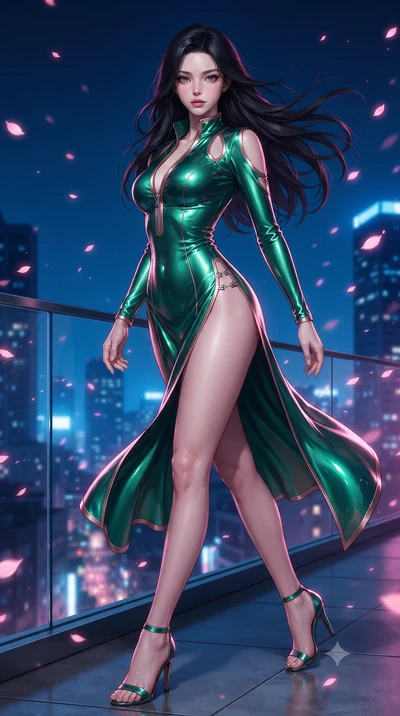 score_9, masterpiece, best quality, ultra-detailed, high-budget anime keyframe, editorial fashion photography, tasteful artistic composition, Korean woman. low angle full-body shot from head to toe showing her feet, filling the entire 9:16 vertical f