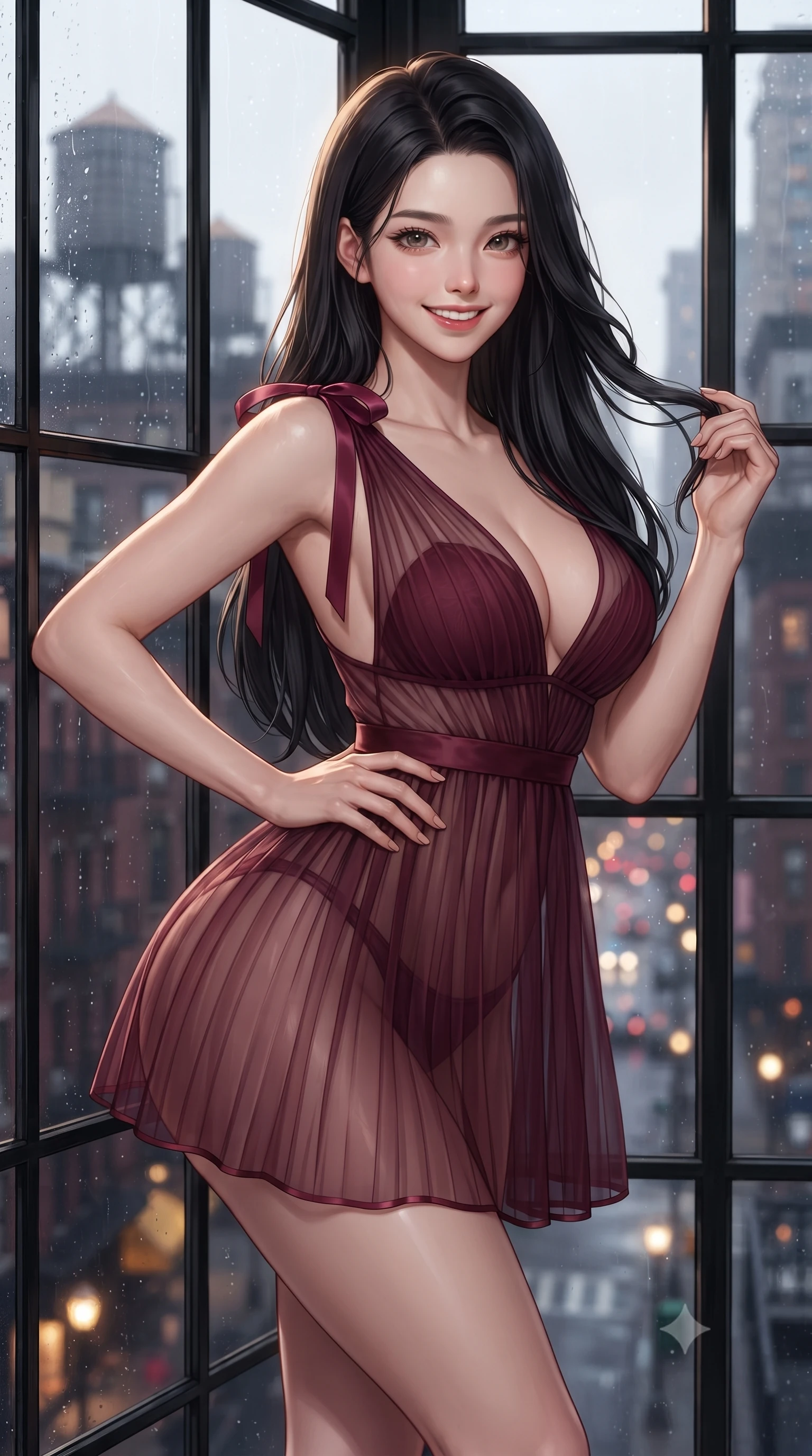 score_9, masterpiece, best quality, ultra-detailed, high-budget anime keyframe, editorial fashion photography, tasteful artistic composition, Korean woman. close-up cowboy shot from the waist and thighs up, the character dominates the composition, filling the frame with her large presence. twisting her slender torso in an alluring contrapposto stance, one hand resting on her sculpted hip while her fingers toy with her hair with effortless poise while leaning against the black steel window grid with hips cocked back, looking out over Cast Iron District rooftops with bedroom-eyes. The background shows a soft-focus historic water towers on Soho rooftop silhouettes, rain-streaked glass skylights, and twinkling Manhattan streetlights blurred into amethyst, amber, and charcoal bokeh. She has an exceptionally elegant, slender, and willowy female figure with an ultra-slim waist, flat toned midriff, narrow ribcage, and sculpted feminine hips creating an alluring, slim hourglass silhouette without bulk. sharp v-shaped jawline, high-bridge nose, intricate jewel-like sparkling eyes with depth, thick eyelashes, glossy parted lips with a natural peach sheen, bright cheerful beaming smile with an enchanting and coquettish sensual glint, exuding both youthful cute charm and seductive allure, flawlessly proportioned anatomical accuracy, strict slender model proportions, natural body alignment, perfectly sculpted long slender limbs, ultra-slim waistline, clean dynamic posture without body distortion. wearing a sheer pleated silk organza babydoll dress with plunging sweetheart neckline and satin waist ribbon in French boudoir bordeaux wine and gilded bronze, woven from buttery-soft stretch lambskin leather adhering to her body like a second skin, finished with satin ribbon ties at the shoulders fluttering in the gentle breeze, the glove-like clinging cut tightly following the natural contour of her hips and long slender legs with youthful 8.5-heads elegance. illuminated by skylight moonbeam bounce and sharp champagne-gold rim lights defining her jawline, flat midriff, and feminine hips. ultra-reflective glossy finish, specular highlights, rich textural contrasts, high-contrast stereoscopic depth, volumetric dynamic lighting, 2k, ultra detail, master piece, 9:16 ratio