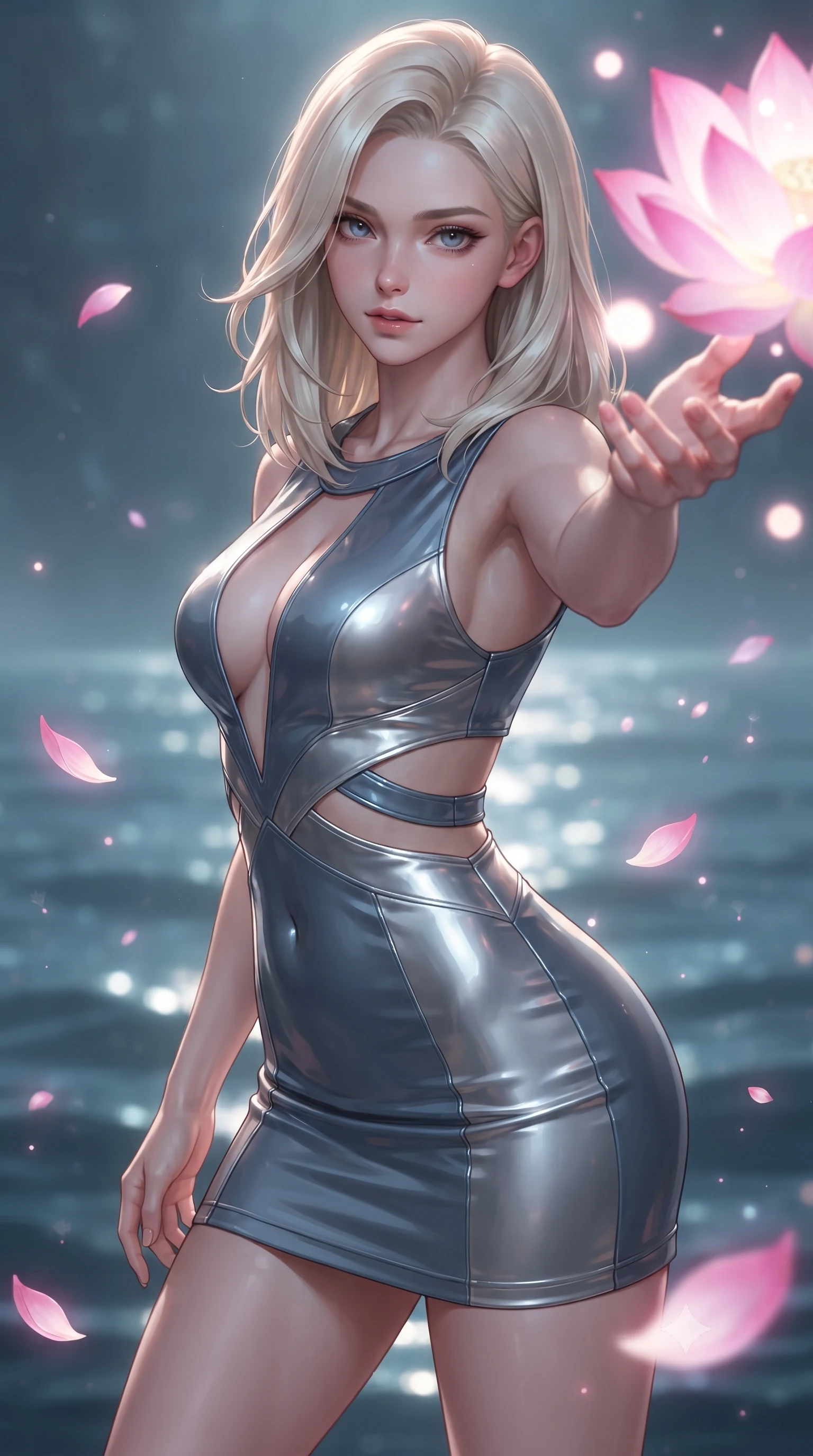 score_9, masterpiece, best quality, ultra-detailed, high-budget anime keyframe, editorial fashion photography, tasteful artistic composition, Caucasian woman. close-up cowboy shot from the waist and thighs up, the character dominates the composition, filling the frame with her large presence, background elements kept in soft focus. Reaching her hand gracefully toward the camera with magnetic allure, her torso turning in a dynamic S-curve alignment while reaching out to touch a giant bioluminescent pink lotus flower emitting soft light orbs, glowing pink lotus petals scattering soft bioluminescent spores around her silhouette. She has an exceptionally elegant, slender, and willowy female figure with an ultra-slim waist, a gracefully sculpted slender torso, and a refined silhouette. sharp v-shaped jawline, high-bridge nose, intricate jewel-like eyes with depth, thick eyelashes, glossy lips with a natural sheen, flawlessly proportioned anatomical accuracy, natural body alignment, perfectly sculpted elegant limbs, clean dynamic posture without body distortion. wearing a liquid mercury gloss mini dress with ultra-deep V-neck and waist cutouts in slate blue and metallic silver, tailored from high-gloss patent leather, accented with a Tasteful chest slit framing her clavicle gracefully, the sleek second-skin texture accentuating her magnetic presence. surrounded by a shimmering ocean aura with bright specular rim lights. ultra-reflective glossy finish, specular highlights, metallic sheen, high-contrast stereoscopic depth, volumetric dynamic lighting, 2k, ultra detail, master piece, 9:16 ratio
