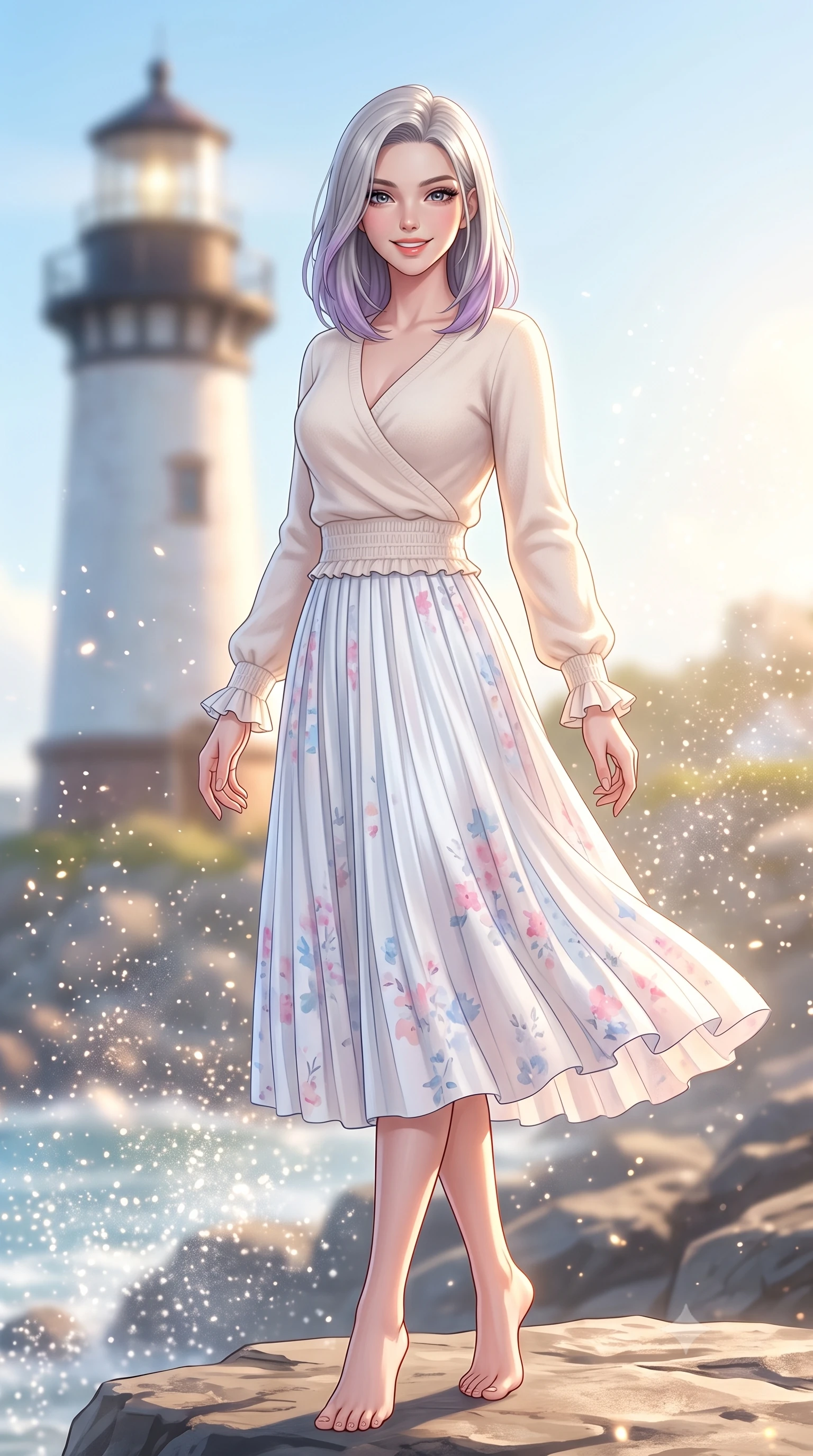 score_9, masterpiece, best quality, ultra-detailed, high-budget anime keyframe, semi-realistic 3D game render, editorial fashion photography, tasteful artistic composition, Caucasian woman. low angle full-body shot from head to toe showing her feet, filling the entire 9:16 vertical frame with her statuesque presence, stretching her vertical silhouette. pivoting dynamically with a fresh infectious smile, her ultra-slim waist and long slender legs creating a fluid graceful line while pausing near a charming coastal lighthouse, looking directly into the camera with twinkling, affectionate eyes. The composition keeps background elements in soft focus with creamy bokeh. warm beach sunlight refracting off ocean spray mist scattering shimmering light motes. She has an absolutely perfect, statuesque 8.5-heads proportion, an exceptionally tall and slender model-like female figure with impossibly long slender legs, a toned flat midriff, and an ultra-slim waist. sharp v-shaped jawline, high-bridge nose, intricate jewel-like eyes with depth, thick eyelashes, glossy lips with a natural sheen, pure and lovely fresh girlhood expression, flawlessly proportioned anatomical accuracy, strict slender model proportions, natural body alignment, perfectly sculpted long slender limbs, ultra-slim waistline, clean dynamic posture without body distortion. wearing an elegant soft cashmere wrap sweater paired with a flowing pleated satin midi skirt in fresh alpine white with subtle pastel floral accents, crafted from soft breathable linen that flutters gently in the breeze, accented with soft smocked elastic details and ruffled cuff trims, the relaxed yet flattering fit accentuating her naturally graceful and slender figure, highlighting her youthful charm and lovely silhouette. surrounded by a refreshing, breezy, and irresistibly vibrant coastal sweetheart aura. highly saturated vibrant anime colors, detailed shading with soft gradients, rich glossy textures, high-contrast stereoscopic depth, volumetric dynamic lighting, master piece, 9:16 ratio
