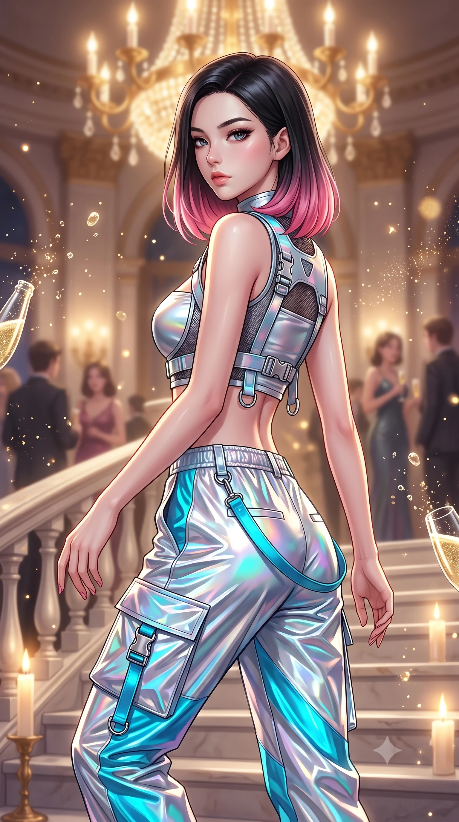 score_9, masterpiece, best quality, ultra-detailed, high-budget anime keyframe, semi-realistic 3D game render, editorial fashion photography, tasteful artistic composition, Korean woman. close-up cowboy shot from the waist and thighs up, the character dominates the composition, filling the frame with her large presence. turning over her shoulder with an indomitable, smoldering gaze, her soft hair framing her razor-sharp v-shaped jawline while descending a sweeping imperial marble staircase with regal supermodel grace and fluid momentum. The composition keeps background elements in soft focus with creamy bokeh. sparkling champagne bubbles and gold glitter dust scattering soft luminous light motes. She has an exceptionally elegant, slender, and willowy female figure with an ultra-slim waist, a gracefully sculpted slender torso, toned flat midriff, and a refined slim silhouette. sharp v-shaped jawline, high-bridge nose, intricate jewel-like eyes with depth, thick eyelashes, glossy lips with a natural sheen, captivating and magnetic expression, flawlessly proportioned anatomical accuracy, strict slender model proportions, natural body alignment, perfectly sculpted long slender limbs, ultra-slim waistline, clean dynamic posture without body distortion. wearing a futuristic cropped tech-harness vest worn over a silver reflective tube top and high-rise metallic parachute cargo pants in holographic silver and electric cyan, crafted from high-gloss metallic ripstop nylon and flexible carbon mesh, detailed with heavy-duty chrome quick-release buckles and D-ring straps, the sleek tailored cut tightly hugging her graceful clavicle, narrow waist, and feminine curves with statuesque precision. bathed in warm glowing candlelight and radiant gold chandelier downlights. highly saturated vibrant anime colors, detailed shading with soft gradients, rich glossy textures, high-contrast stereoscopic depth, volumetric dynamic lighting, master piece, 9:16 ratio