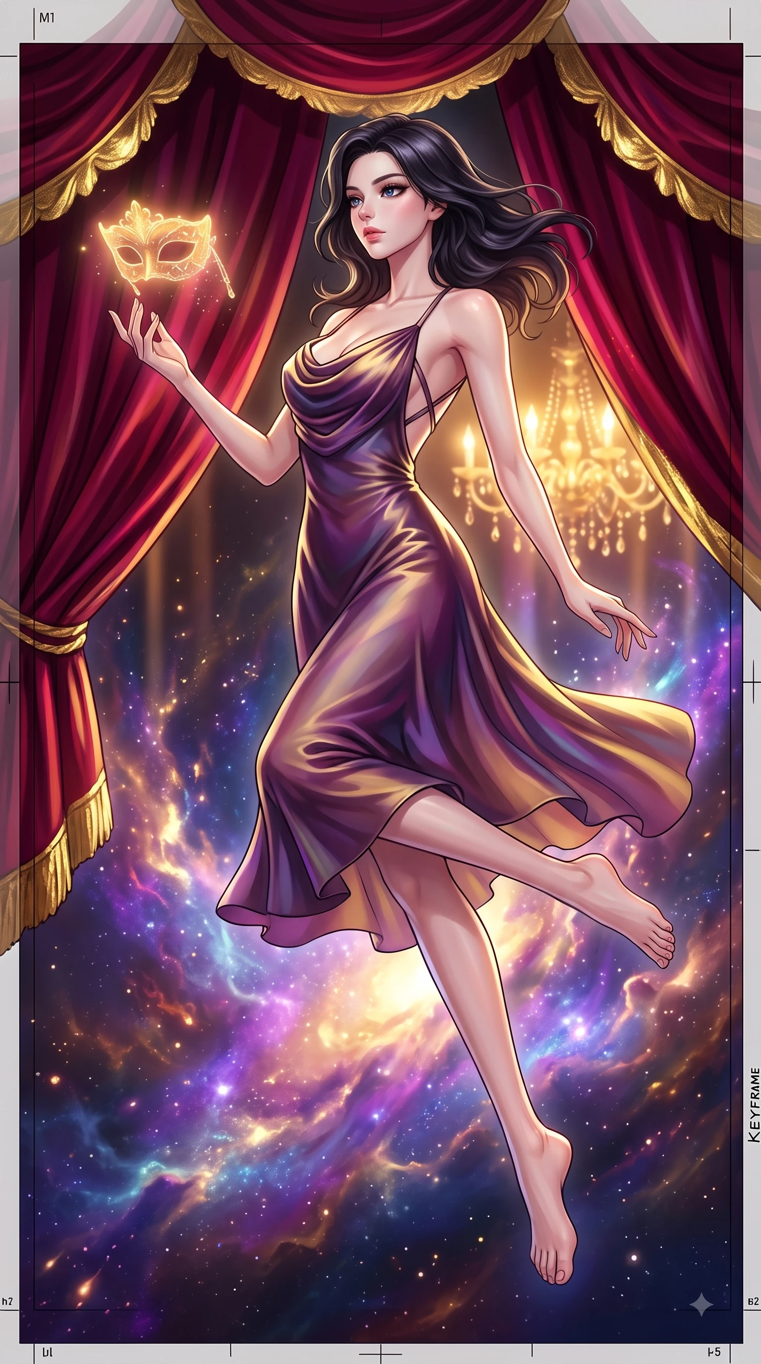 score_9, masterpiece, best quality, ultra-detailed, high-budget anime keyframe, editorial fashion photography, tasteful artistic composition, Korean woman. low angle full-body shot from head to toe showing her feet, filling the entire 9:16 vertical frame with her statuesque presence, stretching her vertical silhouette. leaping gracefully through mid-air with statuesque elegance, her impossibly long slender legs stretched in perfect balance while reaching her hand toward a glowing golden opera spectacle floating in zero-gravity, rich crimson velvet curtains catching dramatic gold-leaf trim highlights. She has an absolutely perfect, statuesque 8.5-heads proportion, an exceptionally tall and slender model-like female figure with impossibly long slender legs and an ultra-slim waist. sharp v-shaped jawline, high-bridge nose, intricate jewel-like eyes with depth, thick eyelashes, glossy lips with a natural sheen, flawlessly proportioned anatomical accuracy, natural body alignment, perfectly sculpted elegant limbs, clean dynamic posture without body distortion. wearing an elegant cowl-neck satin midi dress with a graceful draped neckline in plum purple and gold filigree, crafted from iridescent chiffon that shifts colors in the light, complemented by criss-cross back straps highlighting her bare shoulders, the elegant draped fit framing her graceful clavicle and slender torso. illuminated by radiant cosmic nebula light and warm golden chandelier glow. highly saturated vibrant anime colors, detailed shading with soft gradients, rich glossy textures, high-contrast stereoscopic depth, volumetric dynamic lighting, master piece, 9:16 ratio
