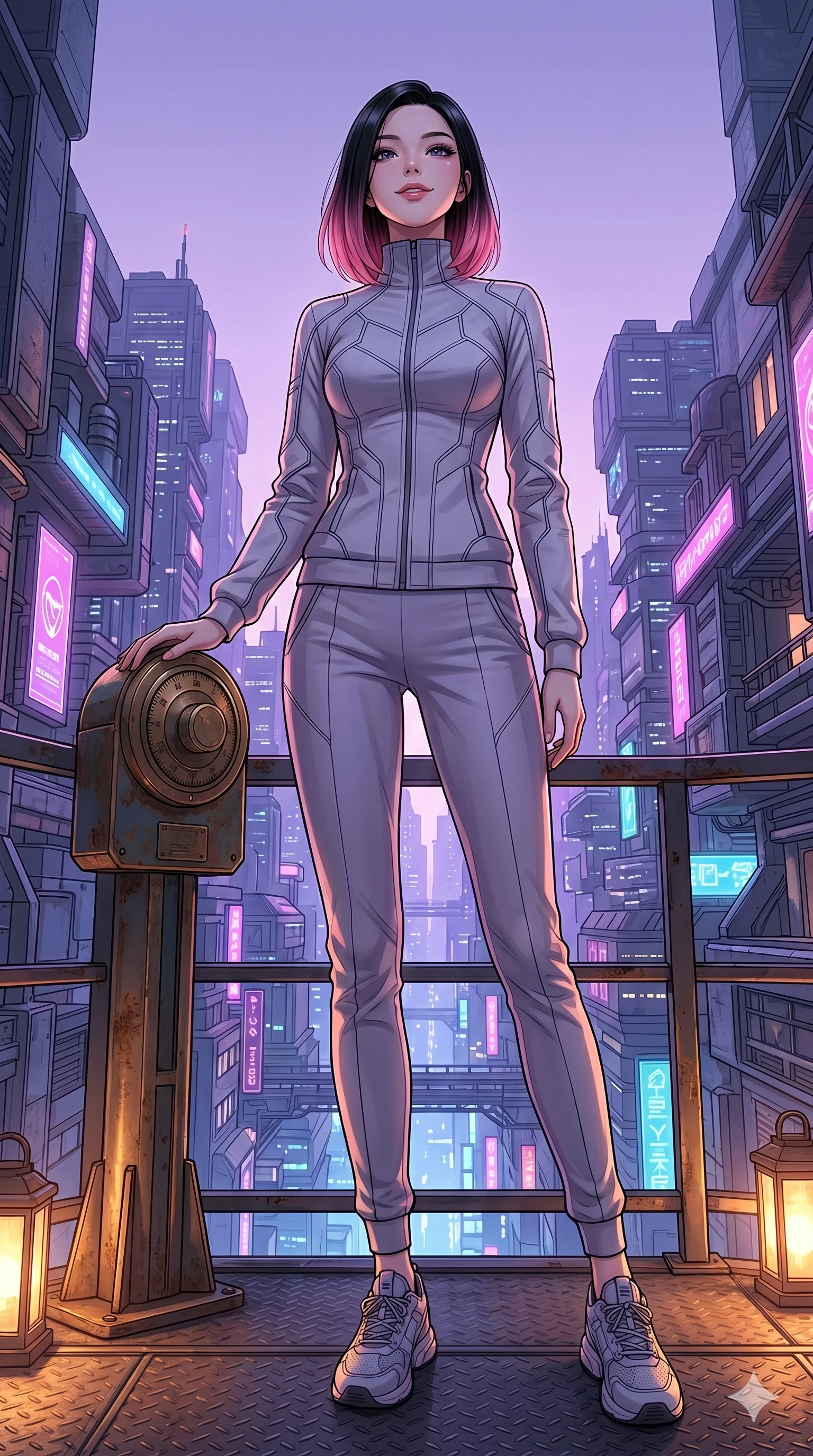 score_9, masterpiece, best quality, ultra-detailed, high-budget anime keyframe, editorial fashion photography, tasteful artistic composition, Korean woman. low angle full-body shot from head to toe showing her feet, filling the entire 9:16 vertical frame with her statuesque presence, stretching her vertical silhouette. tilting her head back slightly with a confident and powerful smile, one hand resting on a bronze dial on a steel observation deck overlooking a neon-drenched futuristic canyon (Code-P18-020). She has an absolutely perfect 8-heads proportion, an exceptionally tall and slender female figure with impossibly long slender legs and an ultra-slim waist. V-shaped jawline, high-bridge nose, intricate jewel-like eyes with depth, thick eyelashes, glossy lips with a natural sheen. wearing a modern high-neck sportswear jacket with matching long track pants. soft purple twilight glow mixed with warm lantern light, tracing her jawline and eyelashes. 2k, ultra detail, master piece, 9:16 ratio