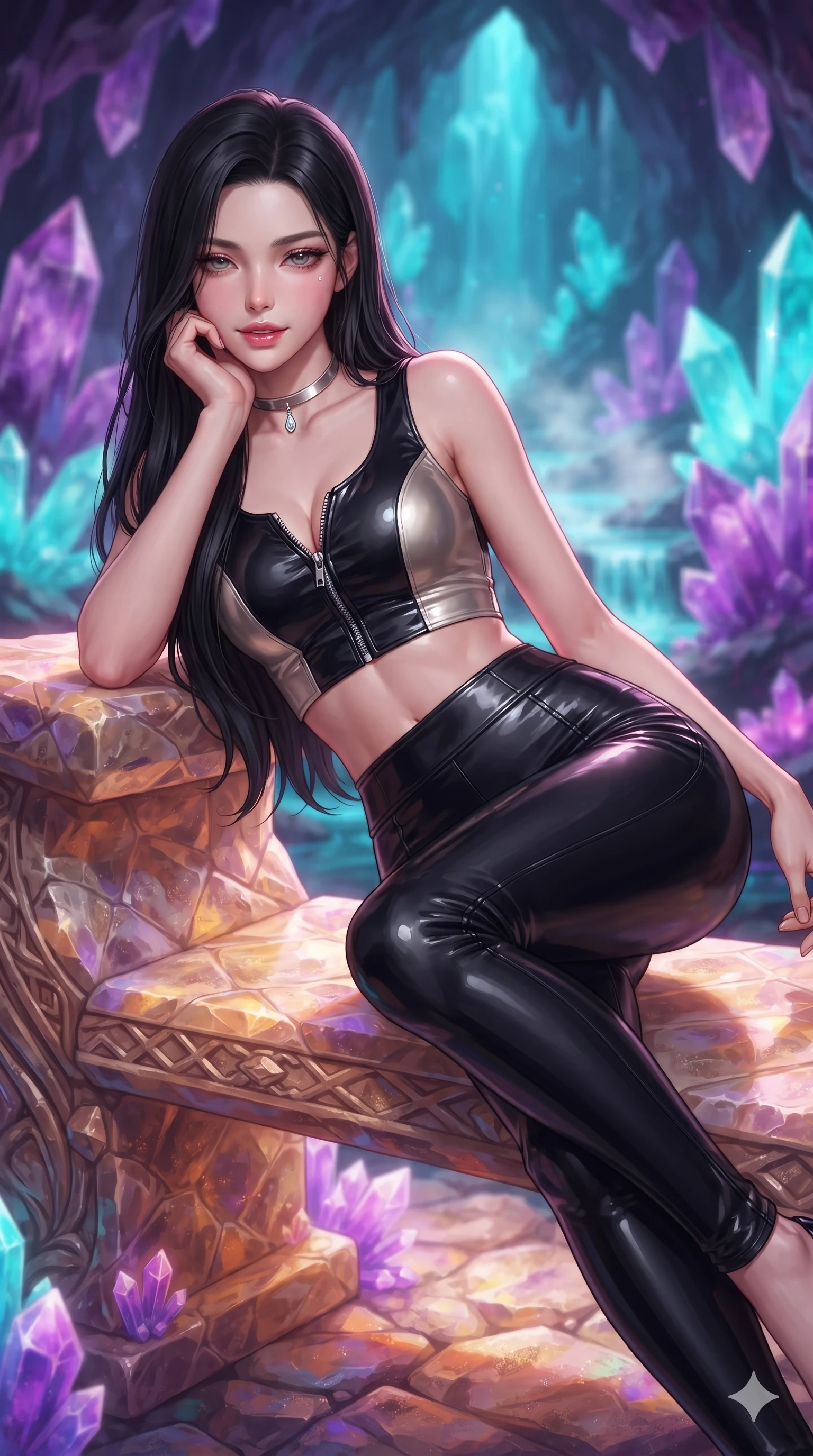 score_9, masterpiece, best quality, ultra-detailed, high-budget anime keyframe, semi-realistic 3D game render, editorial fashion photography, tasteful artistic composition, Korean woman. close-up cowboy shot from the waist and thighs up, the character dominates the composition, filling the frame with her large presence. resting one elbow on the table and supporting her chin, leaning close to the camera with heavy-lidded sparkling eyes and parted lips while lounging gracefully across the warm crystalline stone bench propped on one elbow with legs extended, displaying her long slender limbs and statuesque hourglass silhouette. The background shows a soft-focus towering purple amethyst and cyan celestine crystal clusters, phosphorescent water currents, and rising mineral steam blurred into amethyst, neon cyan, and diamond bokeh. She has an exceptionally elegant, slender, and willowy female figure with an ultra-slim waist, flat toned midriff, narrow ribcage, and sculpted feminine hips creating an alluring, slim hourglass silhouette without bulk. sharp v-shaped jawline, high-bridge nose, intricate jewel-like sparkling eyes with depth, thick eyelashes, glossy parted lips with a natural peach sheen, bright cheerful beaming smile with an enchanting and coquettish sensual glint, exuding both youthful cute charm and seductive allure, flawlessly proportioned anatomical accuracy, strict slender model proportions, natural body alignment, perfectly sculpted long slender limbs, ultra-slim waistline, clean dynamic posture without body distortion. wearing a glossy vinyl crop top and high-waist tailored leggings with sleek chrome zippers and exposed midriff in deep obsidian black and liquid molten platinum, woven from buttery-soft stretch lambskin leather adhering to her body like a second skin, finished with a minimalist chrome choker and a single teardrop diamond pendant, the bespoke structured tailoring following the natural line of her 8.5-heads silhouette with refined elegance. bathed in the natural phosphorescent glow of ultraviolet and cyan crystals combined with warm mineral pool LEDs. highly saturated vibrant anime colors, detailed shading with soft gradients, rich glossy textures, high-contrast stereoscopic depth, volumetric dynamic lighting, master piece, 9:16 ratio