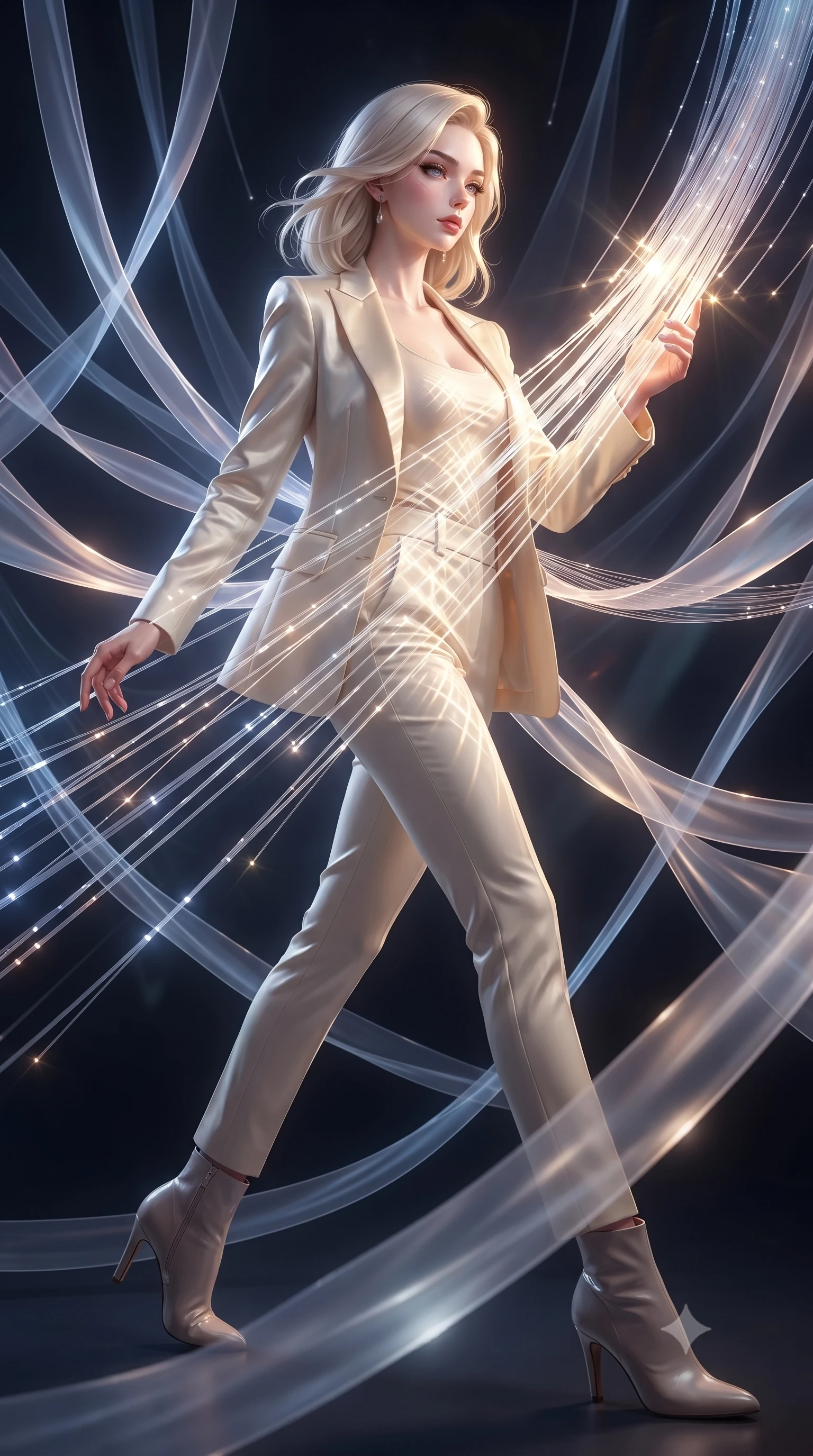 score_9, masterpiece, best quality, ultra-detailed, high-budget anime keyframe, editorial fashion photography, tasteful artistic composition, Caucasian woman. low angle full-body shot from head to toe showing her feet, filling the entire 9:16 vertical frame with her statuesque presence, stretching her vertical silhouette. navigating the luminous space with effortless poise, displaying her perfect model proportions touching a cluster of luminescent filament threads casting brilliant lattice beams, translucent silk ribbons swirling around her body like light streams. She has an absolutely perfect, statuesque 8.5-heads proportion, an exceptionally tall and slender model-like female figure with impossibly long slender legs and an ultra-slim waist. sharp v-shaped jawline, high-bridge nose, intricate jewel-like eyes with depth, thick eyelashes, glossy lips with a natural sheen. wearing a tailored cream silk blazer over a form-contouring scoop-neck top and fitted trousers, the glove-like fit emphasizing her statuesque silhouette. lit by intense fiber optic light rays creating stunning contrast and depth. highly saturated vibrant anime colors, detailed shading with soft gradients, rich glossy textures, high-contrast stereoscopic depth, volumetric dynamic lighting, master piece, 9:16 ratio