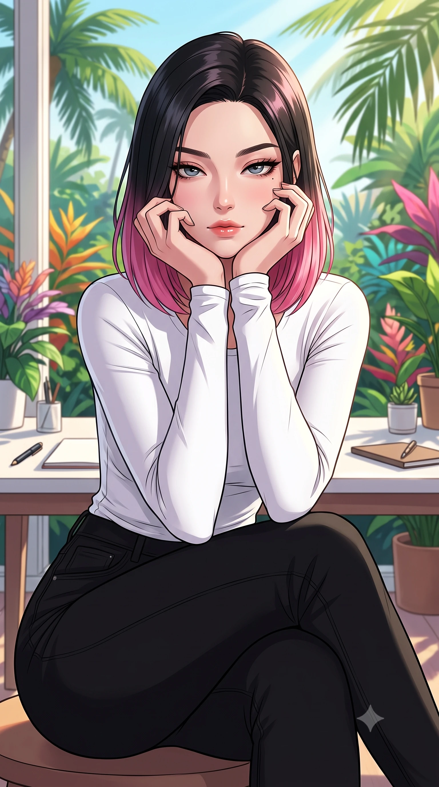 score_9, masterpiece, best quality, ultra-detailed, high-budget anime keyframe, tasteful artistic composition, Korean woman. close-up cowboy shot from the waist and thighs up, the character dominates the composition, filling the frame with her large presence, background elements kept in soft focus. resting her chin on the backs of her fingers, casting a heavy-lidded, sultry look past the camera the background shows a soft-focus a quiet writing desk in a sunroom, facing a tropical botanical garden. She has an exceptionally elegant, slender, and willowy female figure with an ultra-slim waist, a gracefully sculpted slender torso, and a refined silhouette. sharp v-shaped jawline, high-bridge nose, intricate jewel-like eyes with depth, thick eyelashes, glossy lips with a natural sheen. wearing a form-contouring tight-fitting long-sleeve tee in pure white, tucked into high-waisted black skinny pants. bright morning sun rays creating fresh and energetic shadows. highly saturated vibrant anime colors, cel-shading, 2d style, master piece, 9:16 ratio
