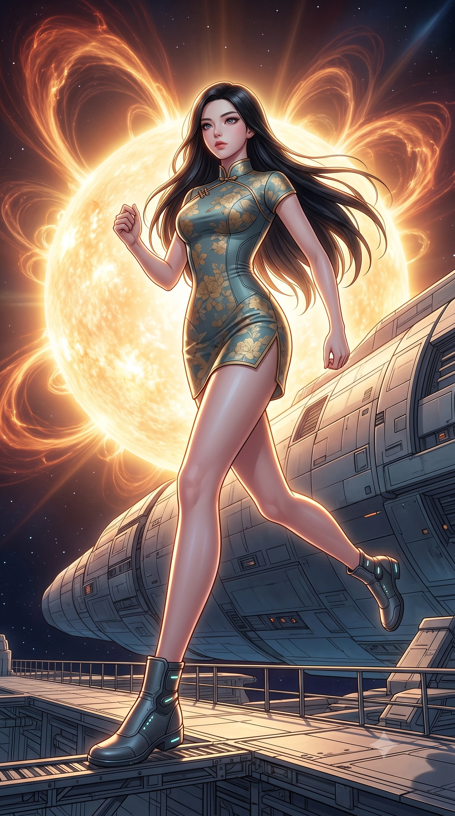 score_9, masterpiece, best quality, ultra-detailed, high-budget anime keyframe, editorial fashion photography, tasteful artistic composition, Korean woman. low angle full-body shot from head to toe showing her feet, filling the entire 9:16 vertical frame with her statuesque presence, stretching her vertical silhouette. running along the outer hull of a giant starship in zero gravity, magnetic boots clinging to a research platform close to a giant star, massive magnetic loops of solar plasma arcing into the space corona. She has a statuesque 8.5-heads proportion, an exceptionally tall, slender and willowy model-like build with impossibly long legs and a highly sculpted ultra-slim waist. sharp v-shaped jawline, high-bridge nose, intricate jewel-like eyes with depth, thick eyelashes, glossy lips with a natural sheen. wearing tailored for maximum mobility, sleek form-contouring panels that allow fluid movement, a body-hugging modernized qipao-inspired dress in a muted teal and gold floral print with a mandarin collar. highly saturated vibrant anime colors, intense vivid color palette, soft 3D volumetric shading, volumetric dynamic lighting, dramatic backlight creating a radiant halo effect around her entire silhouette. 2k, ultra detail, master piece, 9:16 ratio