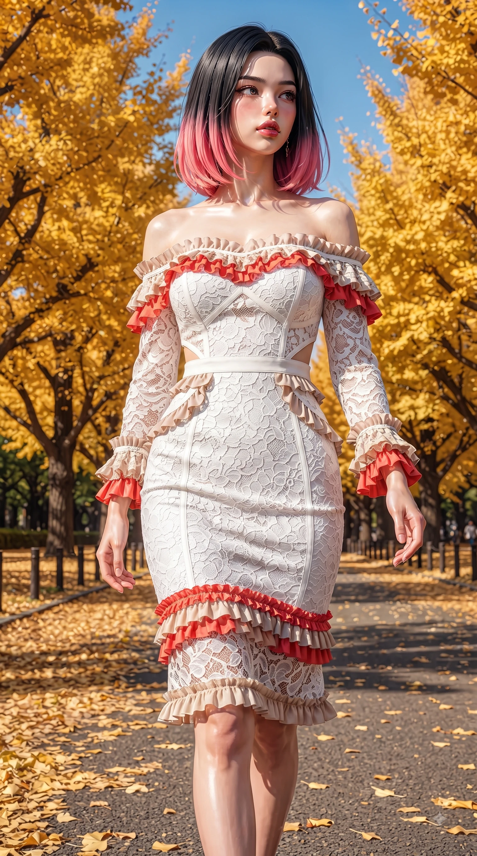 score_9, masterpiece, best quality, ultra-detailed, high-budget anime keyframe, editorial fashion photography, tasteful artistic composition, Korean woman. close-up cowboy shot from the waist and thighs up, the character dominates the composition, filling the frame with her large presence. Seductively magnetic look casting a fiery side-gaze with full glossy lips and smoldering glamour while stepping along a paved park path flanked by vibrant autumn trees under a clear blue sky. The surrounding environment is rendered in vivid detail and crisp panoramic clarity. endless golden ginkgo tree arcades, detailed leaf carpets, and crisp blue sky in panoramic focus. She has an exceptionally elegant, slender, and willowy female figure with an ultra-slim waist, a gracefully sculpted slender torso, and a refined silhouette. sharp v-shaped jawline, high-bridge nose, intricate jewel-like eyes with depth, thick eyelashes, glossy lips with a natural sheen, flawlessly proportioned anatomical accuracy, natural body alignment, perfectly sculpted elegant limbs, clean dynamic posture without body distortion. wearing a chic white lace off-shoulder midi dress decorated with delicate ruffle trims in vibrant coral red and soft beige, tailored from structured wool crepe with clean lines, complemented by clean architectural seams and subtle cutouts, the sleek second-skin fit accentuating her magnetic presence. surrounded by a crisp, romantic, and vibrant autumn editorial atmosphere. ultra-reflective glossy finish, specular highlights, metallic sheen, high-contrast stereoscopic depth, volumetric dynamic lighting, 2k, ultra detail, master piece, 9:16 ratio