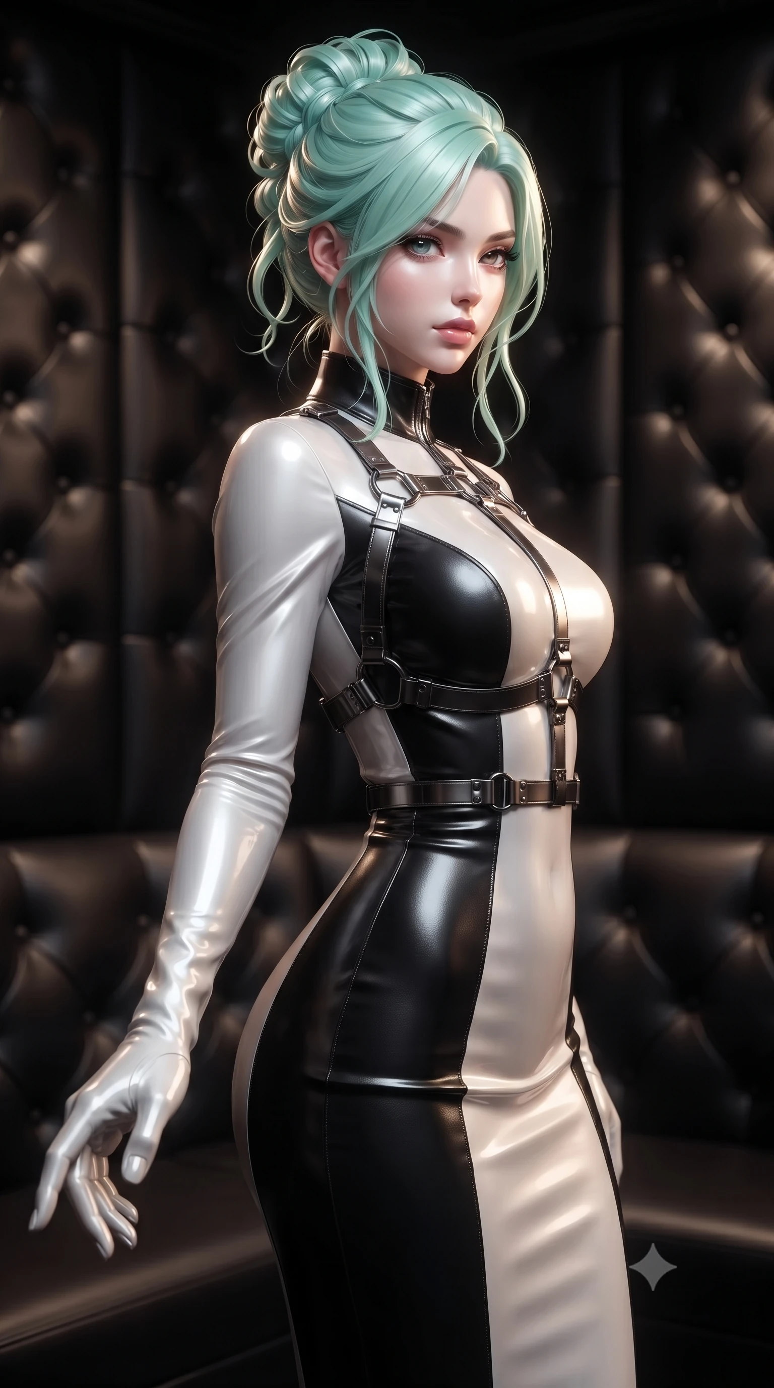 score_9, masterpiece, best quality, ultra-detailed, high-budget anime keyframe, editorial fashion photography, tasteful artistic composition, Japanese woman. close-up cowboy shot from the waist and thighs up, the character dominates the composition, filling the frame with her large presence, background elements kept in soft focus. Reaching one hand toward the viewer with relaxed sensual elegance, standing in a private high-fashion lounge with dark padded leather walls, sharp v-shaped jawline and glossy lips accentuated by side rim rays. She has an exceptionally elegant, slender, and willowy female figure with an ultra-slim waist, a gracefully sculpted slender torso, and a refined silhouette. sharp v-shaped jawline, high-bridge nose, intricate jewel-like eyes with depth, thick eyelashes, glossy lips with a natural sheen. wearing precision-fitted bodycon dress in high-gloss liquid vinyl in pearl white, made of polished black leather, highlighted by a gunmetal metallic harness structure, following her slender form with tailored precision. bathed in sharp side key rays and pitch-black ambient shadows. ultra-reflective glossy finish, specular highlights, metallic sheen, high-contrast stereoscopic depth, volumetric dynamic lighting, 2k, ultra detail, master piece, 9:16 ratio
