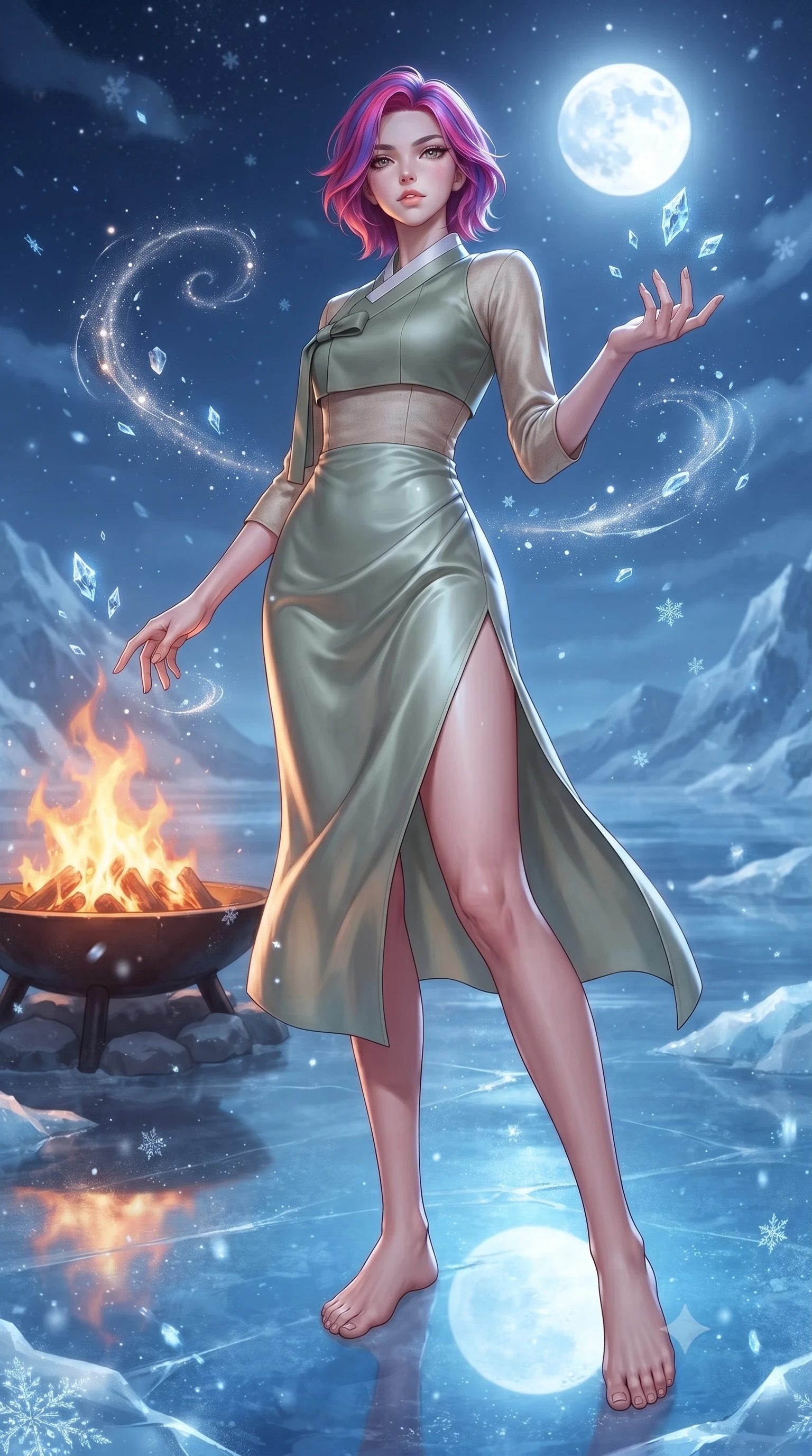 score_9, masterpiece, best quality, ultra-detailed, high-budget anime keyframe, editorial fashion photography, tasteful artistic composition, Caucasian woman. low angle full-body shot from head to toe showing her feet, filling the entire 9:16 vertical frame with her statuesque presence, stretching her vertical silhouette. interacting gracefully with the magical floating elements while maintaining a confident posture resting near a roaring outdoor fire pit as icy snowflakes glitter in the air, clear glacial ice reflecting the radiant full moon and starlight like a mirror. She has an absolutely perfect, statuesque 8.5-heads proportion, an exceptionally tall and slender model-like female figure with impossibly long slender legs and an ultra-slim waist. sharp v-shaped jawline, high-bridge nose, intricate jewel-like eyes with depth, thick eyelashes, glossy lips with a natural sheen. wearing a modern fusion silk hanbok dress with a structured bodice in sage green and oatmeal, crafted from lustrous satin jersey with fluid draping, finished with a sleek side slit ascending to mid-thigh, the form-contouring material highlighting her ultra-slim waist and long lines. bathed in brilliant cold silver moonlight and crisp sapphire ambient glow. highly saturated vibrant anime colors, detailed shading with soft gradients, rich glossy textures, high-contrast stereoscopic depth, volumetric dynamic lighting, master piece, 9:16 ratio