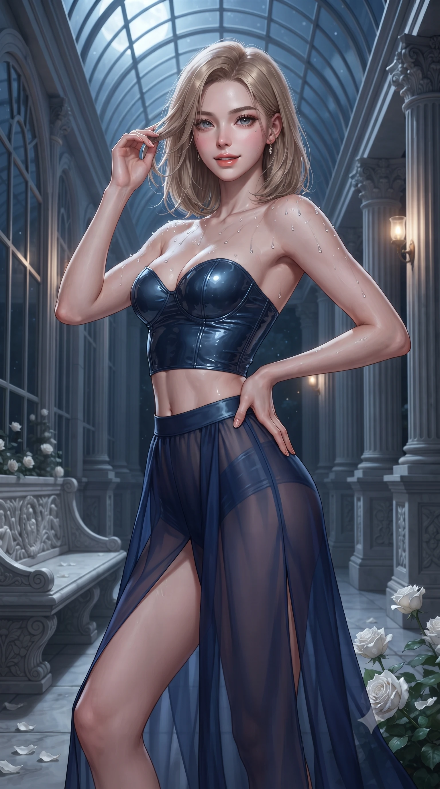 score_9, masterpiece, best quality, ultra-detailed, high-budget anime keyframe, editorial fashion photography, tasteful artistic composition, Korean woman. close-up cowboy shot from the waist and thighs up, the character dominates the composition, filling the frame with her large presence. twisting her slender torso in an alluring contrapposto stance, one hand resting on her sculpted hip while her fingers toy with her hair with effortless poise while standing framed inside the monumental glass-arched colonnade of the Orangery, arching her lower back to emphasize her curvy hips as night breezes drift from the gardens. The surrounding environment is rendered in vivid detail and crisp panoramic clarity: sharp fluted limestone column texture, carved marble bench reliefs, and delicate white rose petals in deep focus. She has an exceptionally elegant, slender, and willowy female figure with an ultra-slim waist, flat toned midriff, narrow ribcage, and sculpted feminine hips creating an alluring, slim hourglass silhouette without bulk. sharp v-shaped jawline, high-bridge nose, sparkling eyes with hypnotic seductive depth, thick curled eyelashes, glossy parted lips with a natural dewy peach sheen, alluring bedroom-eyes with an enchanting coquettish smile, exuding magnetic siren charisma and sophisticated glamour, flawlessly proportioned anatomical accuracy, strict slender model proportions, natural body alignment, perfectly sculpted long slender limbs, ultra-slim waistline, clean dynamic posture without body distortion. wearing a wet-look form-fitting vinyl bustier paired with sheer chiffon high-slit wide-leg trousers in deep sapphire navy and molten silver, crafted from fluid liquid silk satin that clings smoothly to every curve with a dewy sheen, finished with glistening drops of lagoon or spa water beading across her sculpted shoulders and collarbones, the glove-like clinging cut tightly following the natural contour of her hips and long slender legs with youthful 8.5-heads elegance. bathed in cool silver full moonlight pouring through soaring glass arches mixed with warm 2700K interior wall sconce glow. ultra-reflective glossy finish, specular highlights, rich textural contrasts, high-contrast stereoscopic depth, volumetric dynamic lighting, 2k, ultra detail, master piece, 9:16 ratio