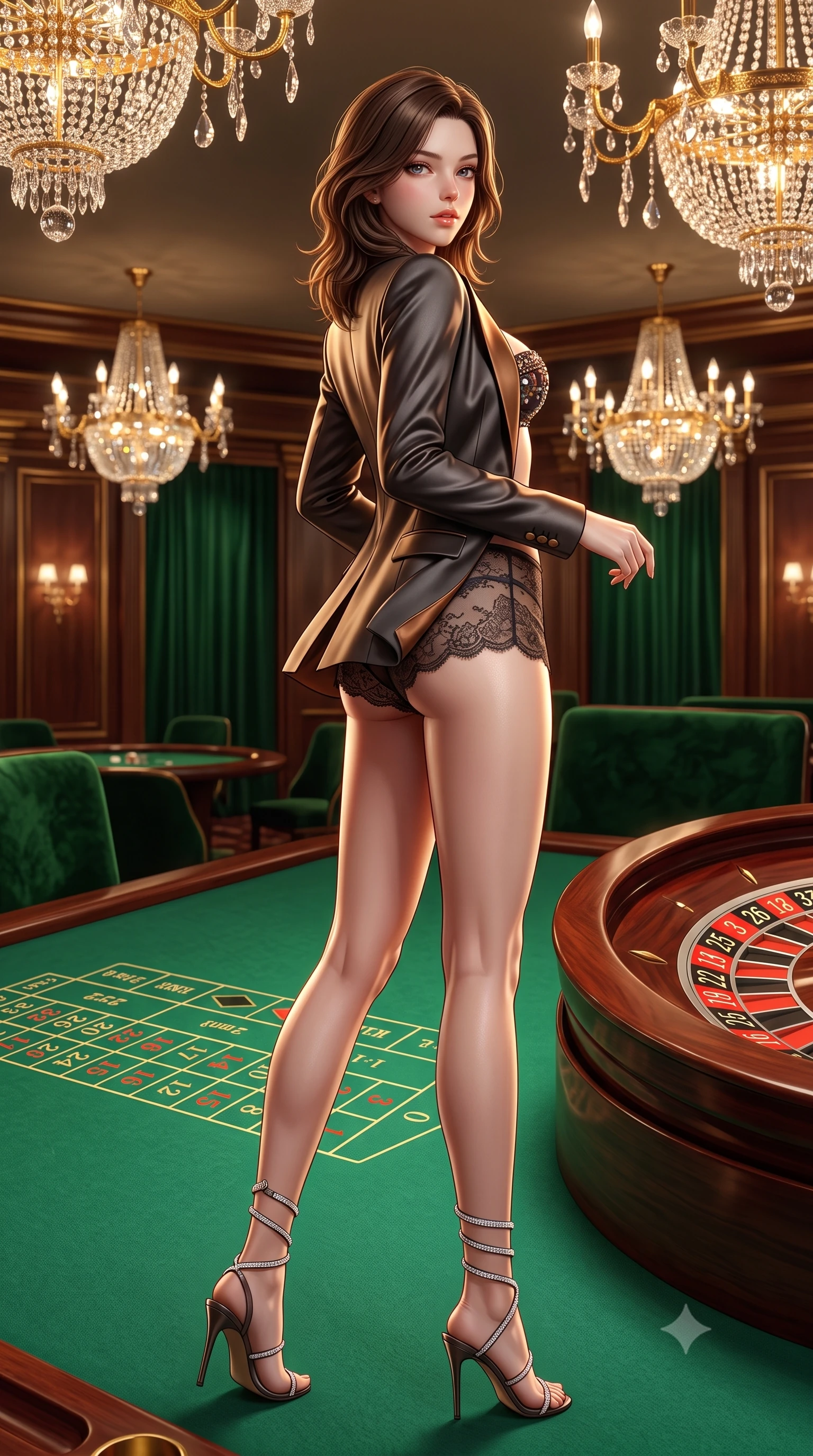 score_9, masterpiece, best quality, ultra-detailed, high-budget anime keyframe, semi-realistic 3D game render, editorial fashion photography, tasteful artistic composition, Korean woman. low angle full-body shot from head to toe showing her feet, filling the entire 9:16 vertical frame with her statuesque presence, stretching her vertical silhouette. executing a slow, graceful pivot turn as her skirt sways around her slender legs, glancing back with an enchanting, teasing sensual expression while twisting her slender torso in an alluring contrapposto stance, glittering gold chandeliers and deep green velvet reflections sculpting her curves. The surrounding environment is rendered in vivid detail and crisp panoramic clarity: sharp emerald baize felt texture, crystal chandelier pendant facets, and lacquered mahogany roulette wheel rim in deep focus. She has an absolutely perfect, statuesque 8.5-heads proportion, an exceptionally tall and slender model-like female figure with impossibly long slender legs, an ultra-slim waist, a flat toned midriff, narrow delicate ribcage, and beautifully sculpted feminine hips creating a graceful, slim hourglass silhouette without any bulky heaviness. sharp v-shaped jawline, high-bridge nose, sparkling eyes with hypnotic seductive depth, thick curled eyelashes, glossy parted lips with a natural dewy peach sheen, alluring bedroom-eyes with an enchanting coquettish smile, exuding magnetic siren charisma and sophisticated glamour, flawlessly proportioned anatomical accuracy, strict slender model proportions, natural body alignment, perfectly sculpted long slender limbs, ultra-slim waistline, clean dynamic posture without body distortion. wearing a tailored open-front satin smoking jacket worn over a jewel-embellished bandeau and micro-shorts in Ayung volcanic charcoal and molten bronze, made of delicate semi-sheer French Chantilly lace with intricate eyelash edges, complemented by strappy stiletto sandals with crystal ankle wraps accentuating her slender calves, the high-slit wrap tailoring accentuating her ultra-slim waistline and the enchanting curve of her feminine hips with alluring seductive charm. illuminated by mahogany table surface bounce and sharp royal-gold rim lights defining her razor-sharp jawline, narrow waist, and curvy hips. highly saturated vibrant anime colors, detailed shading with soft gradients, rich glossy textures, high-contrast stereoscopic depth, volumetric dynamic lighting, master piece, 9:16 ratio