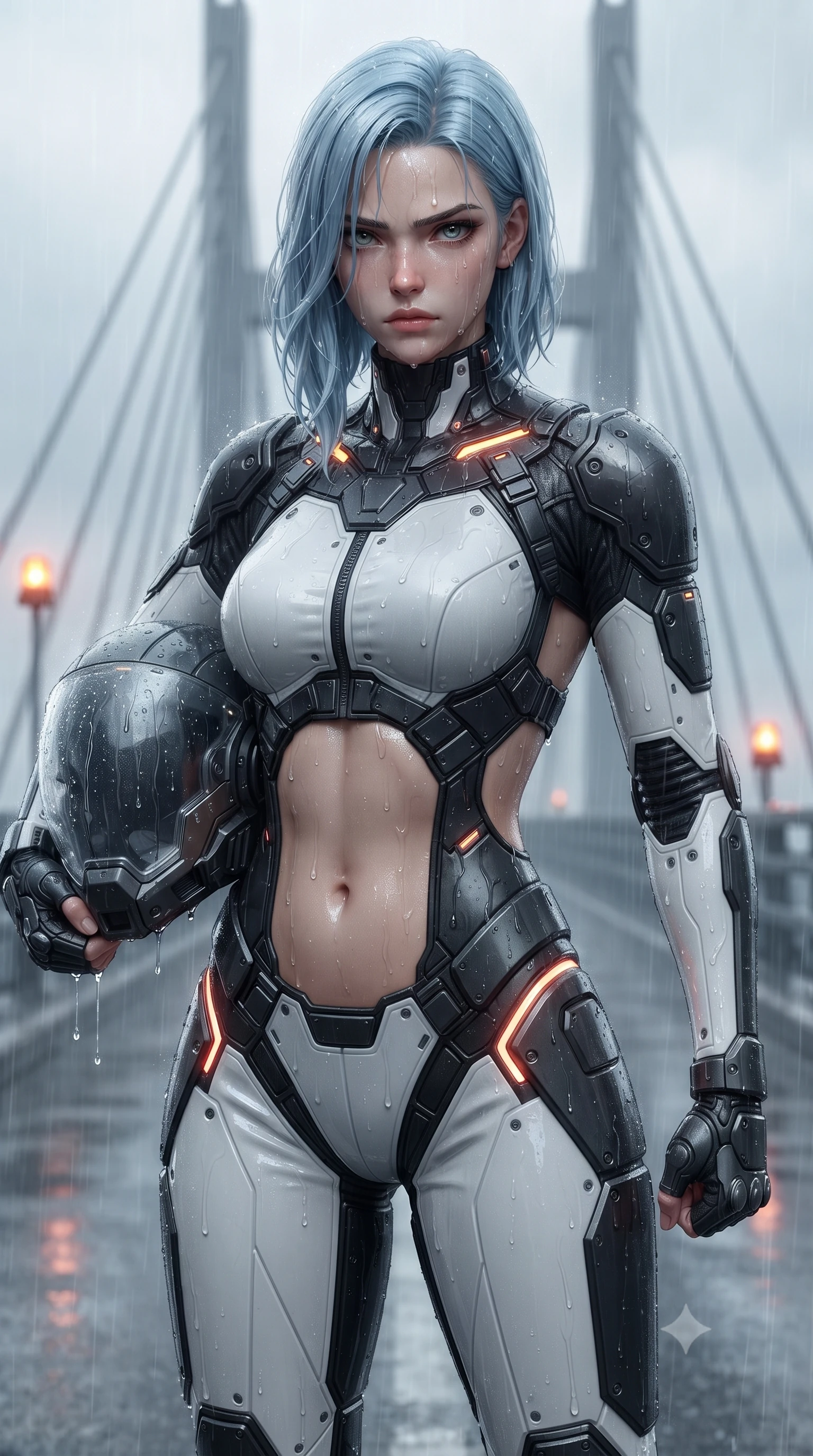 score_9, masterpiece, best quality, ultra-detailed, high-budget anime keyframe, editorial fashion photography, tasteful artistic composition, Korean woman. close-up cowboy shot from the waist and thighs up, the character dominates the composition, filling the frame with her large presence. tilting her head slightly with solemn warrior composure, sweat and rain glistening on her sculpted collarbones and high-bridge nose while standing resolute at the center of the skybridge with fists lowered, rain streaming down her transparent visor and sleek body armor. The composition keeps background elements in soft focus with creamy bokeh. skybridge suspension cables and flashing warning beacons softened in dramatic shallow focus. She has an exceptionally elegant, slender, and willowy female figure with an ultra-slim waist, a gracefully sculpted slender torso, toned flat midriff, and a refined slim silhouette. sharp v-shaped jawline, high-bridge nose, intricate jewel-like eyes with depth, thick eyelashes, glossy lips with a natural sheen, fierce and resolute heroine expression, flawlessly proportioned anatomical accuracy, strict slender model proportions, natural body alignment, perfectly sculpted long slender limbs, ultra-slim waistline, clean dynamic posture without body distortion. holding a modular carbon battle-helmet under one arm, her flawless face and sculpted neck exposed to the rain with determined warrior focus, paired with a tailored tactical combat jumpsuit with an open-back harness design, reinforced composite breastplate, and high-mobility elbow dampers in monochrome white enamel carbon with high-contrast black tactical panels, made of lightweight aerodynamic carbon-titanium alloy with precision-beveled armor seams, accented with glowing fiber-optic telemetry conduits tracing her collarbones and hip curves, the sleek second-skin cut tightly hugging her graceful clavicle, narrow waist, and feminine curves with athletic precision. illuminated by crisp specular highlights tracing her sculpted flat midriff, bare spine, and slender limbs. ultra-reflective glossy finish, specular highlights, dark metallic sheen, high-contrast stereoscopic depth, volumetric dynamic lighting, 2k, ultra detail, master piece, 9:16 ratio