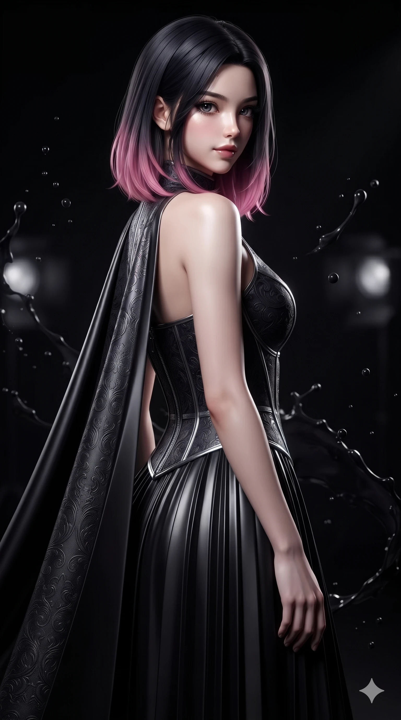 score_9, masterpiece, best quality, ultra-detailed, high-budget anime keyframe, editorial fashion photography, tasteful artistic composition, Korean woman. close-up cowboy shot from the waist and thighs up, the character dominates the composition, filling the frame with her large presence. posing in an alluring rear three-quarter angle, turning over a bare shoulder with an intoxicating, smoldering gaze while glancing sidelong over her shoulder with a smoldering, enigmatic half-smile inside the pitch-black studio, dark liquid paint droplets suspended in mid-air. The background shows a soft-focus suspended splashes of dark acrylic paint, cold studio shadows, and distant gallery floodlights blurred into charcoal, pitch-black, and obsidian bokeh. She has an exceptionally elegant, slender, and willowy female figure with an ultra-slim waist, flat toned midriff, narrow ribcage, and sculpted feminine hips creating an alluring, slim hourglass silhouette without bulk. sharp v-shaped jawline, high-bridge nose, intricate jewel-like dark sparkling eyes with hypnotic seductive depth, thick curled eyelashes, glossy parted lips with a natural wine sheen, alluring bedroom-eyes with an enigmatic smoldering smile, exuding magnetic sovereign charisma and dark avant-garde glamour, flawlessly proportioned anatomical accuracy, strict slender model proportions, natural body alignment, perfectly sculpted long slender limbs, ultra-slim waistline, clean dynamic posture without body distortion. wearing a high-neck liquid satin evening cape gown with modest pleated column skirt in pure obsidian monochrome with subtle metallic sheen, tailored from rich silk jacquard with subtle embossed baroque patterns, finished with metallic silver boning and sleek zipper points, accentuating her gracefully sculpted slender torso and statuesque proportions. lit by a single intense key ray accentuating liquid paint contours against pitch-black shadows. ultra-reflective glossy finish, specular highlights, metallic sheen, high-contrast stereoscopic depth, volumetric dynamic lighting, 2k, ultra detail, master piece, 9:16 ratio