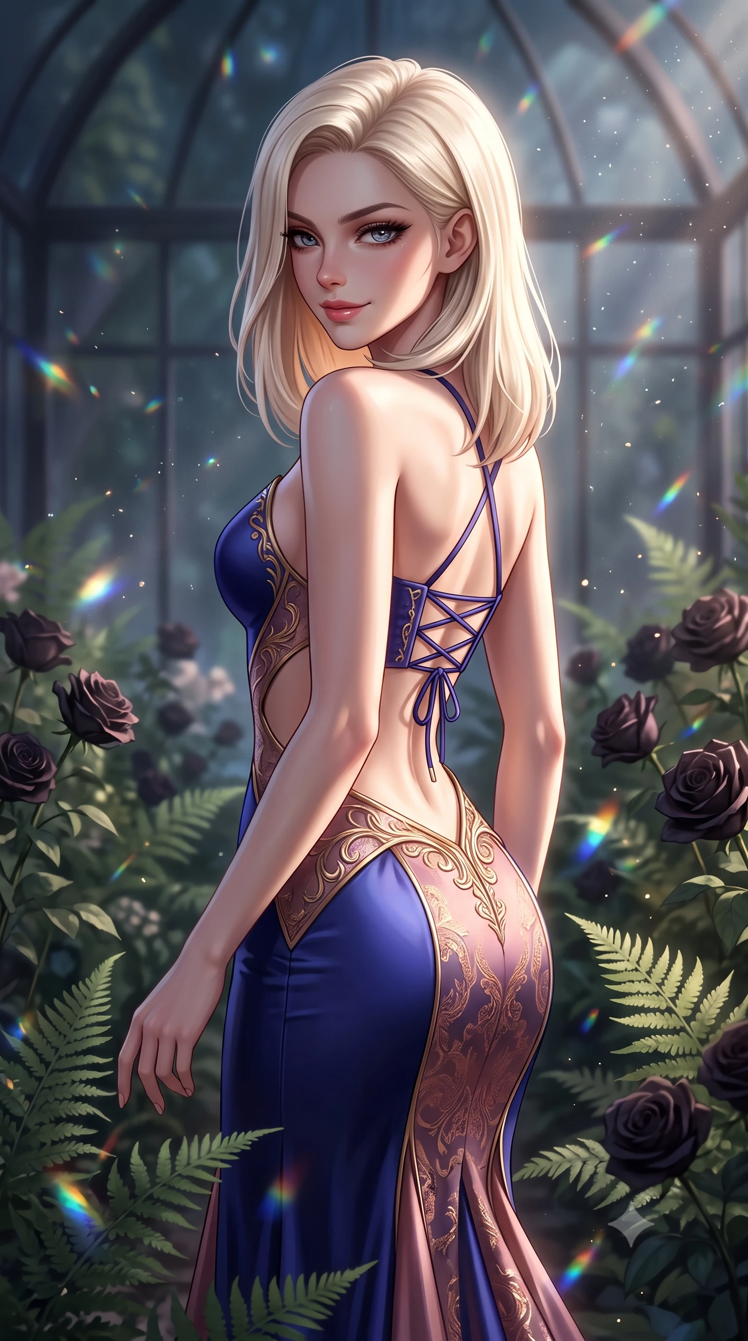 score_9, masterpiece, best quality, ultra-detailed, high-budget anime keyframe, semi-realistic 3D game render, editorial fashion photography, tasteful artistic composition, Caucasian woman. close-up cowboy shot from the waist and thighs up, the character dominates the composition, filling the frame with her large presence. turning over a bare shoulder with an intoxicating, teasing smile, her soft hair framing her sharp jawline as she looks back while gliding between whispering ferns and overgrown black roses, her smoldering gaze locking onto the viewer with intoxicating allure. The composition keeps background elements in soft focus with creamy bokeh. shimmering lunar prism refractions and floating dust motes scattering velvet light across the glasshouse. She has an exceptionally elegant, slender, and willowy female figure with an ultra-slim waist, a gracefully sculpted slender torso, toned flat midriff, and a refined slim silhouette. sharp v-shaped jawline, high-bridge nose, intricate jewel-like eyes with depth, thick eyelashes, glossy parted lips with a natural sheen, intensely captivating and seductive expression, flawlessly proportioned anatomical accuracy, strict slender model proportions, natural body alignment, perfectly sculpted long slender limbs, ultra-slim waistline, clean dynamic posture without body distortion. wearing a sculptured liquid-satin mermaid gown with an architectural open-waist cutout and bare spine in royal indigo and antique rose gold, made of rich textured jacquard silk with baroque gold thread, accented with criss-cross corset back lacing highlighting her graceful shoulder blades, the glove-like aerodynamic second-skin fit tightly clinging to her ultra-slender waist and feminine curves without adding bulk. illuminated by dramatic chiaroscuro key light sharply carving her slender waist, bare collarbones, and jawline. highly saturated vibrant anime colors, detailed shading with soft gradients, rich glossy textures, high-contrast stereoscopic depth, volumetric dynamic lighting, master piece, 9:16 ratio