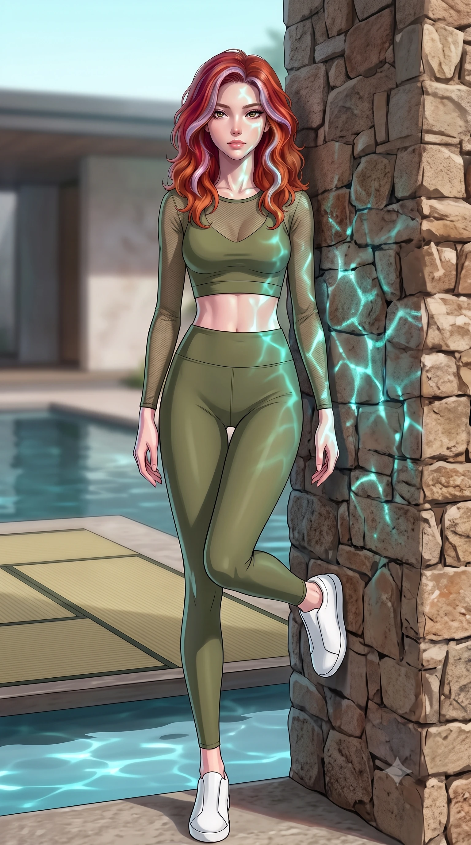 score_9, masterpiece, best quality, ultra-detailed, high-budget anime keyframe, tasteful artistic composition, Caucasian woman. low angle full-body shot from head to toe showing her feet, filling the entire 9:16 vertical frame with her statuesque presence, stretching her vertical silhouette. leaning back against a rustic stone wall, casting a slow, alluring gaze at the camera the background shows a soft-focus a modern minimal villa courtyard with a quiet reflection pool and tatami mats. She has an absolutely perfect, statuesque 8.5-heads proportion, an exceptionally tall and slender model-like female figure with impossibly long slender legs and an ultra-slim waist. sharp v-shaped jawline, high-bridge nose, intricate jewel-like eyes with depth, thick eyelashes, glossy lips with a natural sheen. wearing a tailored sheer mesh long-sleeve crop top in olive green, worn over a matching sports bra and leggings. shifting aqua light reflections from the pool water mapping across her features. highly saturated vibrant anime colors, cel-shading, 2d style, master piece, 9:16 ratio