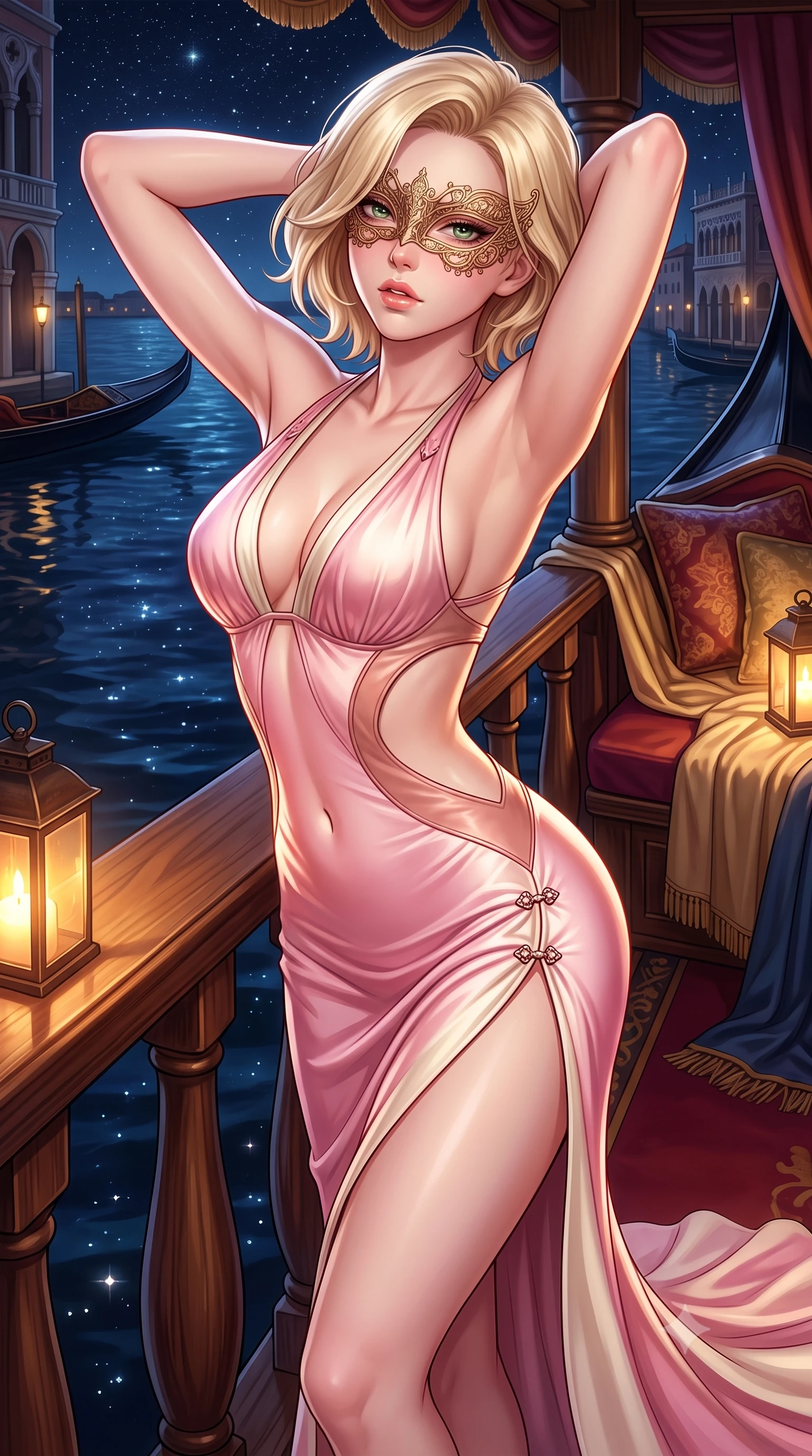 score_9, masterpiece, best quality, ultra-detailed, high-budget anime keyframe, semi-realistic 3D game render, editorial fashion photography, tasteful artistic composition, Caucasian woman. close-up cowboy shot from the waist and thighs up, the character dominates the composition, filling the frame with her large presence. leaning forward against the polished railing with her hips cocked back, creating an intoxicating curve from her narrow waist to sculpted hips as she gazes back into the lens while stretching languidly on the gondola daybed with hands raised behind her head, parted glossy lips reflecting flickering lantern glow. The surrounding environment is rendered in vivid detail and crisp panoramic clarity. detailed mask filigree, silk dress drape folds, and starry night sky reflections in high resolution. She has an exceptionally elegant, slender, and willowy female figure with an ultra-slim waist, flat toned midriff, narrow ribcage, and sculpted feminine hips creating an alluring, slim hourglass silhouette without bulk. sharp v-shaped jawline, high-bridge nose, intricate jewel-like eyes with depth, thick eyelashes, glossy parted lips with a natural sheen, intensely captivating and seductive bedroom-eyes expression, flawlessly proportioned anatomical accuracy, strict slender model proportions, natural body alignment, perfectly sculpted long slender limbs, ultra-slim waistline, clean dynamic posture without body distortion. wearing a sculptured liquid-satin mermaid gown with an architectural open-waist cutout and bare spine in sakura blossom pink and warm ivory, crafted from second-skin supple lambskin leather with liquid drape, finished with an ultra-high side slit secured by miniature jeweled clasps, the form-contouring material adhering flawlessly to her sculpted flat midriff and slender torso, emphasizing her long leg lines and perfectly proportioned willowy build. illuminated by crisp specular highlights defining her slender neckline, ultra-slim waist, and curvy hips. highly saturated vibrant anime colors, detailed shading with soft gradients, rich glossy textures, high-contrast stereoscopic depth, volumetric dynamic lighting, master piece, 9:16 ratio