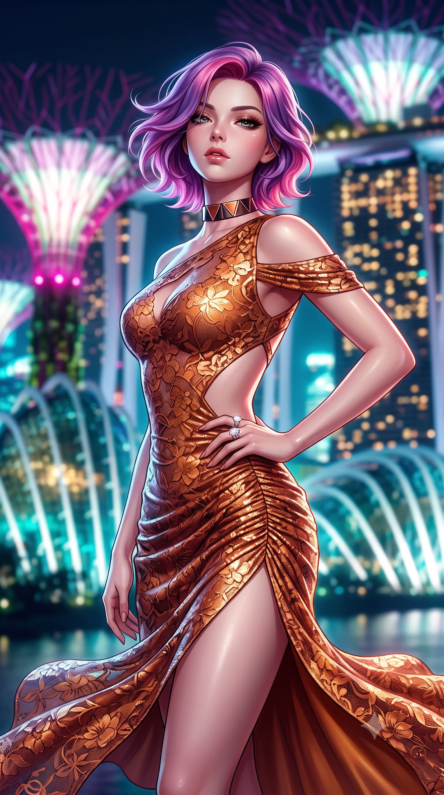 score_9, masterpiece, best quality, ultra-detailed, high-budget anime keyframe, semi-realistic 3D game render, editorial fashion photography, tasteful artistic composition, Caucasian woman. close-up cowboy shot from the waist and thighs up, the character dominates the composition, filling the frame with her large presence. tilting her chin up with proud, sovereign allure while gazing through thick eyelashes, one hand resting on her waist in pure supermodel charisma while executing an elegant mid-motion turn as night winds whip her high-slit dress, her statuesque vertical presence dominating the futuristic panorama. The composition keeps background elements in soft focus with creamy bokeh. giant illuminated supertree bio-domes and Marina Bay Sands towers blurred into electric magenta, turquoise, and gold bokeh. She has an exceptionally elegant, slender, and willowy female figure with an ultra-slim waist, flat toned midriff, narrow ribcage, and sculpted feminine hips creating an alluring, slim hourglass silhouette without bulk. sharp v-shaped jawline, high-bridge nose, intricate jewel-like eyes with depth, thick eyelashes, glossy parted lips with a natural sheen, intensely captivating and seductive bedroom-eyes expression, flawlessly proportioned anatomical accuracy, strict slender model proportions, natural body alignment, perfectly sculpted long slender limbs, ultra-slim waistline, clean dynamic posture without body distortion. wearing a form-contouring cocktail dress with an asymmetrical open shoulder and hip-defining ruching in rich copper bronze and warm amber, formed from shimmering floral lace over smooth opaque silk lining, complemented by a bold geometric choker and sparkling cocktail ring, the precision-cut side openings and low-back scoop framing her graceful spine and the sensual sweep of her slim, toned hips. illuminated by wet specular glass bounce lights sculpting her toned waistline, slender spine, and feminine hips. highly saturated vibrant anime colors, detailed shading with soft gradients, rich glossy textures, high-contrast stereoscopic depth, volumetric dynamic lighting, master piece, 9:16 ratio