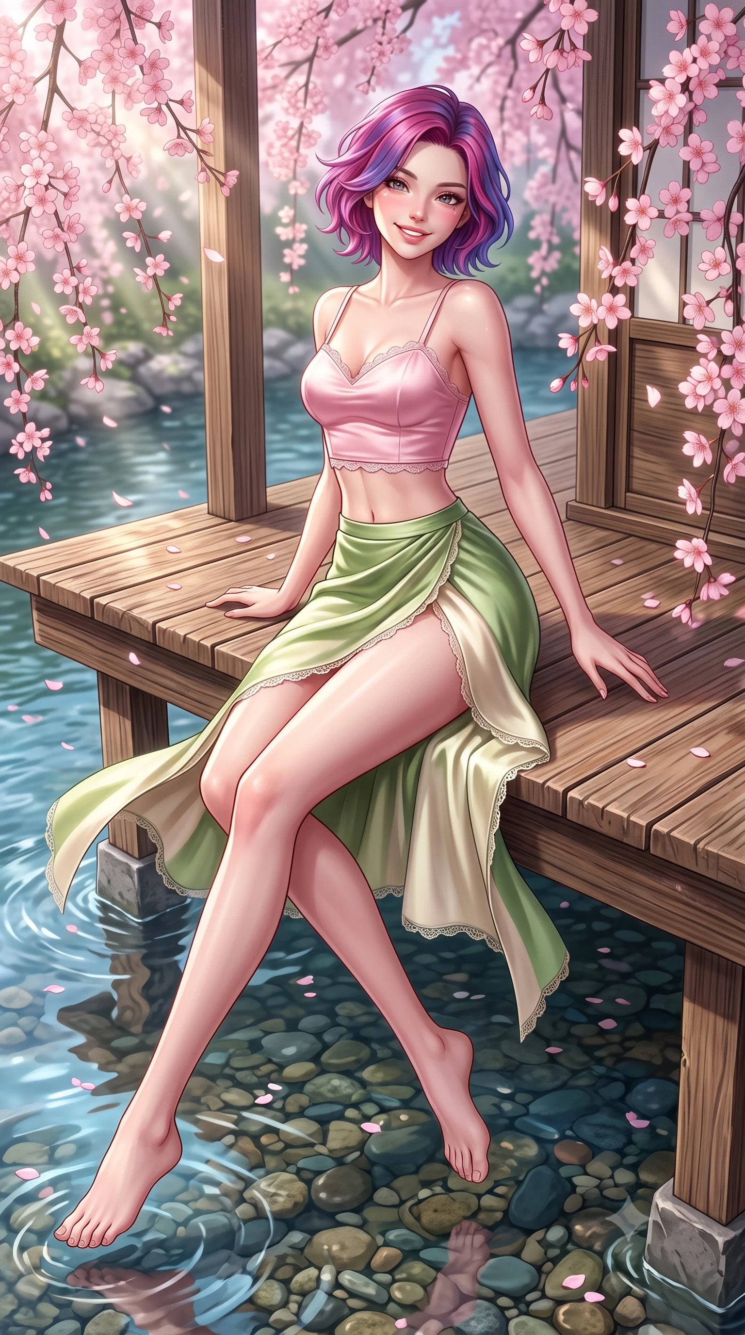 score_9, masterpiece, best quality, ultra-detailed, high-budget anime keyframe, semi-realistic 3D game render, editorial fashion photography, tasteful artistic composition, Caucasian woman. low angle full-body shot from head to toe showing her feet, filling the entire 9:16 vertical frame with her statuesque presence, stretching her vertical silhouette. executing a cheerful mid-motion pivot turn as her skirt flutters around her slender legs, glancing over her shoulder with an intoxicating, teasing cute expression while sitting on the edge of the elevated wooden kawayuka terrace over the river, arching her back as pink weeping sakura blossoms flutter around her. The surrounding environment is rendered in vivid detail and crisp panoramic clarity. sharp weathered cedar timber grain, delicate cherry blossom petal veins, and river pebble reflections in deep focus. She has an exceptionally tall and slender model-like 8.5-heads proportion, an ultra-slim waist, a flat toned midriff, narrow delicate ribcage, and beautifully sculpted feminine hips creating a graceful, slim hourglass silhouette without any bulky heaviness, with impossibly long slender legs. sharp v-shaped jawline, high-bridge nose, intricate jewel-like sparkling eyes with depth, thick eyelashes, glossy parted lips with a natural peach sheen, bright cheerful beaming smile with an enchanting and coquettish sensual glint, exuding both youthful cute charm and seductive allure, flawlessly proportioned anatomical accuracy, strict slender model proportions, natural body alignment, perfectly sculpted long slender limbs, ultra-slim waistline, clean dynamic posture without body distortion. wearing a sweetheart-neckline baby-pink crop top with a high-slit wrap mini skirt accentuating her waist-to-hip curve in matcha green and warm ivory, made of smooth fluid silk satin with a delicate pearlescent sheen, finished with delicate lace scallop edging along the neckline, the form-fitting cut adhering flawlessly to her sculpted flat midriff and slender torso, emphasizing her long leg lines and perfectly proportioned willowy build. illuminated by gentle water surface reflections sharply defining her razor-sharp jawline, narrow waist, and curvy hips. highly saturated vibrant anime colors, detailed shading with soft gradients, rich glossy textures, high-contrast stereoscopic depth, volumetric dynamic lighting, master piece, 9:16 ratio