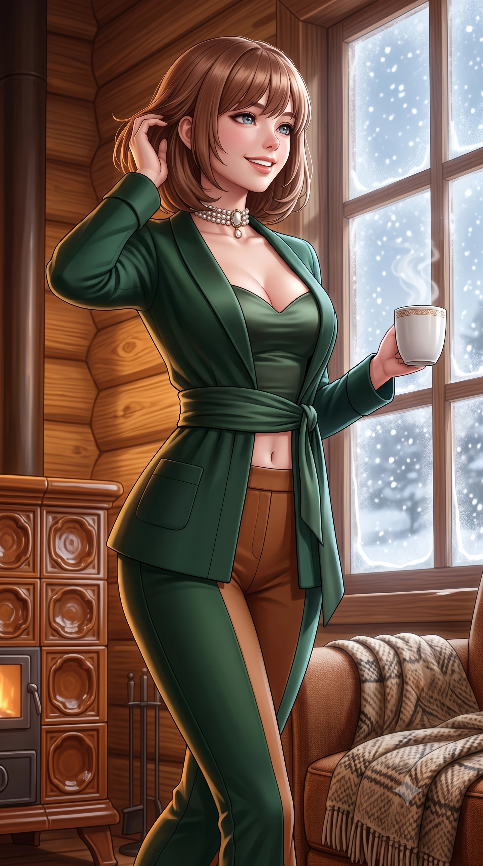 score_9, masterpiece, best quality, ultra-detailed, high-budget anime keyframe, semi-realistic 3D game render, editorial fashion photography, tasteful artistic composition, Caucasian woman. close-up cowboy shot from the waist and thighs up, the character dominates the composition, filling the frame with her large presence. twisting her slender torso in an alluring contrapposto stance, one hand toying with her hair while her gaze radiates magnetic charm while walking toward the frosted timber window with a steaming porcelain mug, looking out at the falling snowflakes with wonder. The surrounding environment is rendered in vivid detail and crisp panoramic clarity: sharp tight annual growth rings in fragrant pine timber, glazed ceramic stove relief patterns, and hand-woven wool throw textures in deep focus. She has an exceptionally elegant, slender, and willowy female figure with an ultra-slim waist, flat toned midriff, narrow ribcage, and sculpted feminine hips creating an alluring, slim hourglass silhouette without bulk. sharp v-shaped jawline, high-bridge nose, intricate jewel-like sparkling eyes with depth, thick eyelashes, glossy parted lips with a natural peach sheen, bright cheerful beaming smile with an enchanting and coquettish sensual glint, exuding both youthful cute charm and seductive allure, flawlessly proportioned anatomical accuracy, strict slender model proportions, natural body alignment, perfectly sculpted long slender limbs, ultra-slim waistline, clean dynamic posture without body distortion. wearing a sleek Taisho-modern tailored smoking jacket with a cinched silk sash worn over a body-hugging satin bustier top and fitted slacks in heritage British racing green and warm cognac brown, tailored from premium double-knit ponte with sleek sculpting hold and smooth contours, complemented by an antique baroque pearl choker accentuating her delicate neck and collarbones, the second-skin tailored fabric adhering flawlessly to her sculpted flat midriff and slender torso, emphasizing her long leg lines and perfectly proportioned willowy build. illuminated by honey pine wall reflection bounce and warm buttery rim lights sculpting her features and slender hourglass curves. highly saturated vibrant anime colors, detailed shading with soft gradients, rich glossy textures, high-contrast stereoscopic depth, volumetric dynamic lighting, master piece, 9:16 ratio