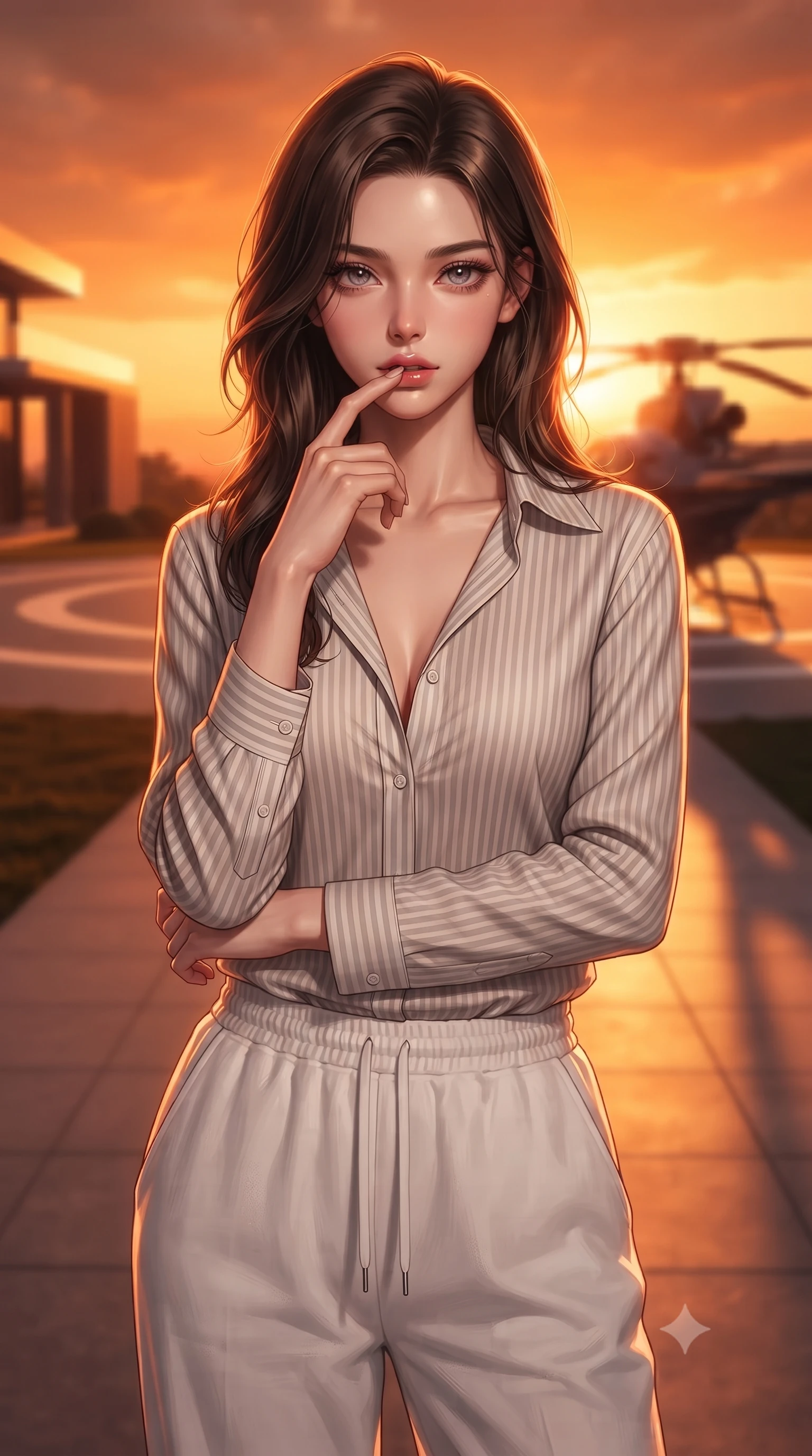 score_9, masterpiece, best quality, ultra-detailed, high-budget anime keyframe, editorial fashion photography, tasteful artistic composition, Korean woman. close-up cowboy shot from the waist and thighs up, the character dominates the composition, filling the frame with her large presence, background elements kept in soft focus. pressing one finger to her bottom lip in a thoughtful, seductive gesture under the warm sun the background shows a soft-focus a modern villa driveway with a helipad and minimalist concrete landscaping. She has an exceptionally elegant, slender, and willowy female figure with an ultra-slim waist, a gracefully sculpted slender torso, and a refined silhouette. sharp v-shaped jawline, high-bridge nose, intricate jewel-like eyes with depth, thick eyelashes, glossy lips with a natural sheen. wearing a tailored soft striped linen button-down shirt and relaxed-fit white cotton lounge pants. the dramatic orange glow of a sunset casting long shadows of the helicopter. ultra-reflective glossy finish, specular highlights, metallic sheen, high-contrast stereoscopic depth, volumetric dynamic lighting, 2k, ultra detail, master piece, 9:16 ratio